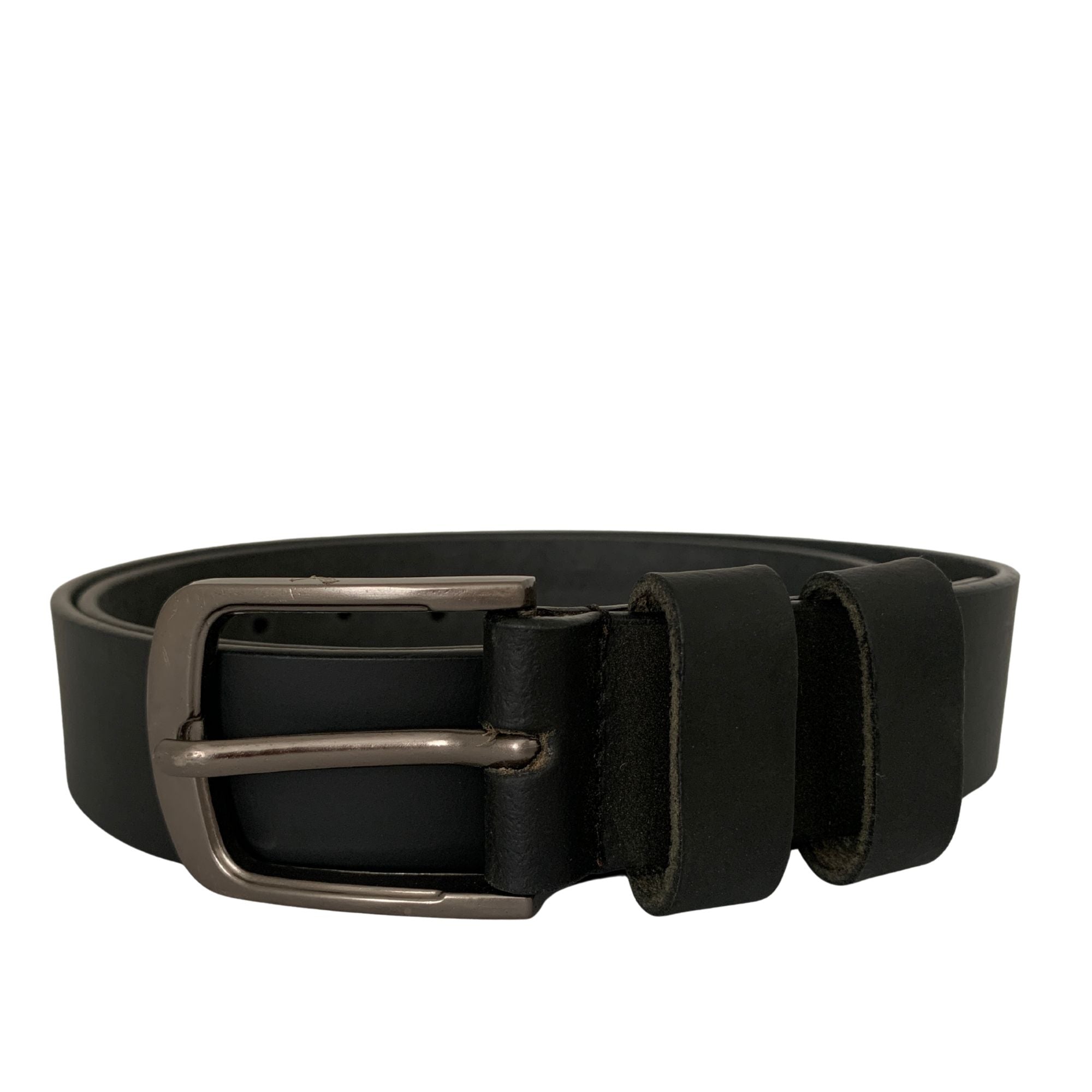 Black 40mm full-grain leather belt with square brushed metal buckle