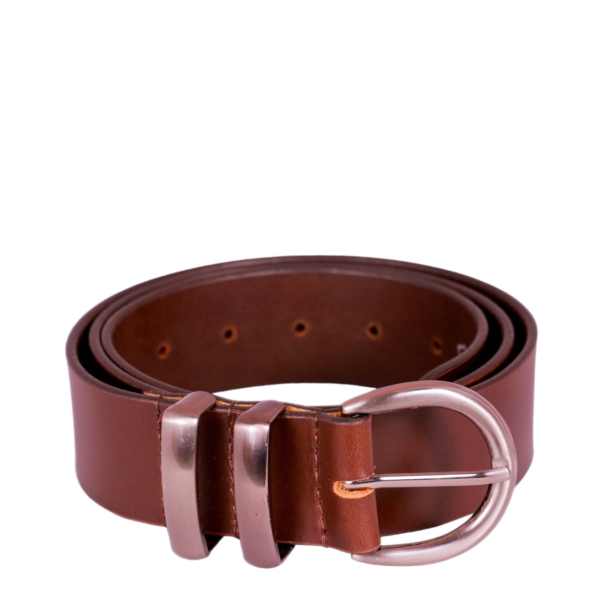 Brown Double Metal Loop Leather Belt 38mm width