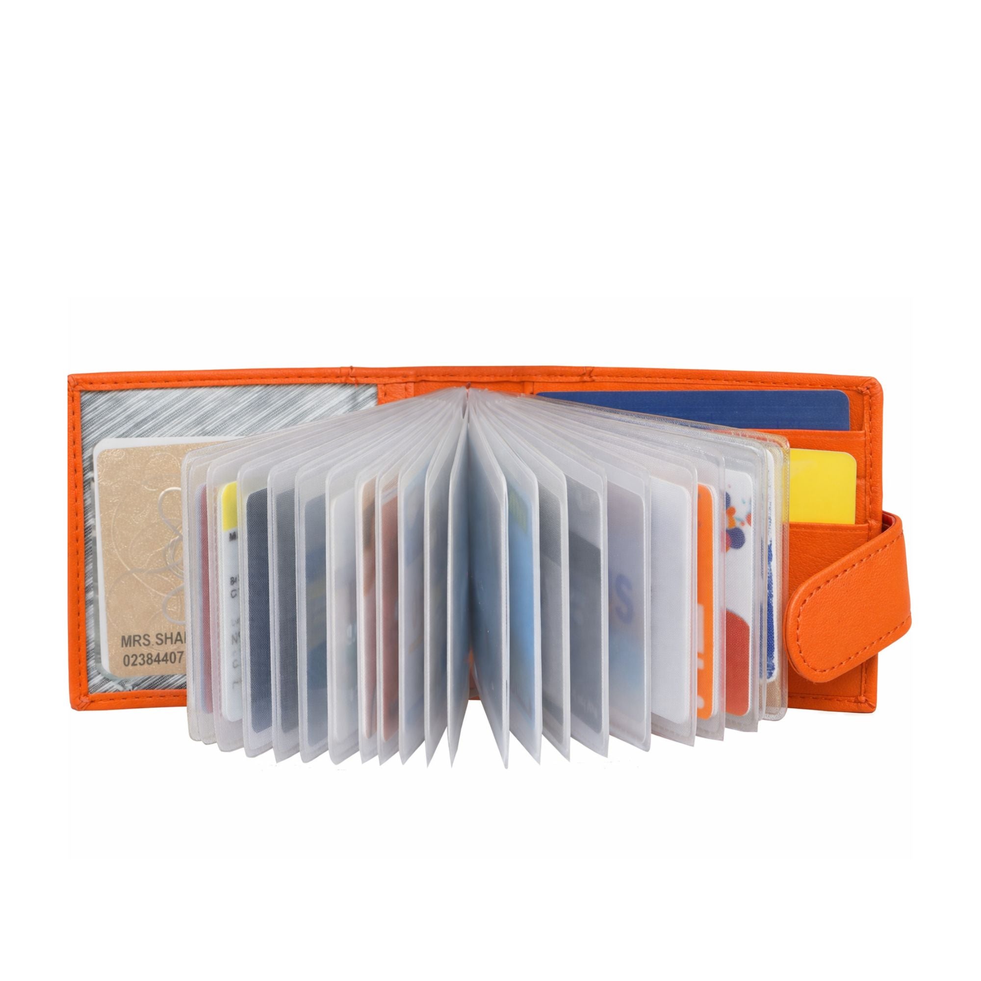 Orange genuine leather RFID card holder wallet with transparent card sleeves
