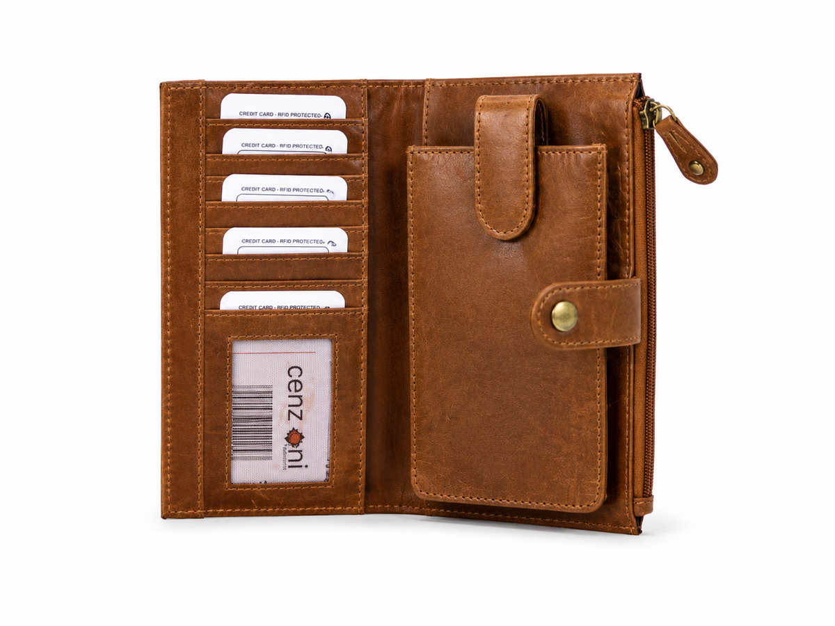 Open tan leather wallet showing RFID card slots, clear ID window, phone pocket and side zip