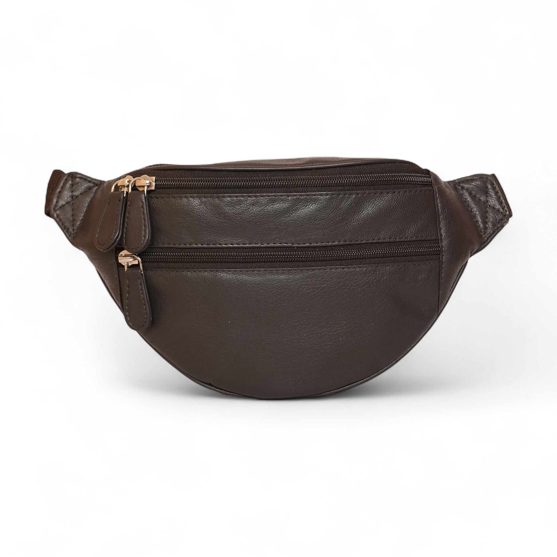 Brown leather waist bag with zipper on a white background
