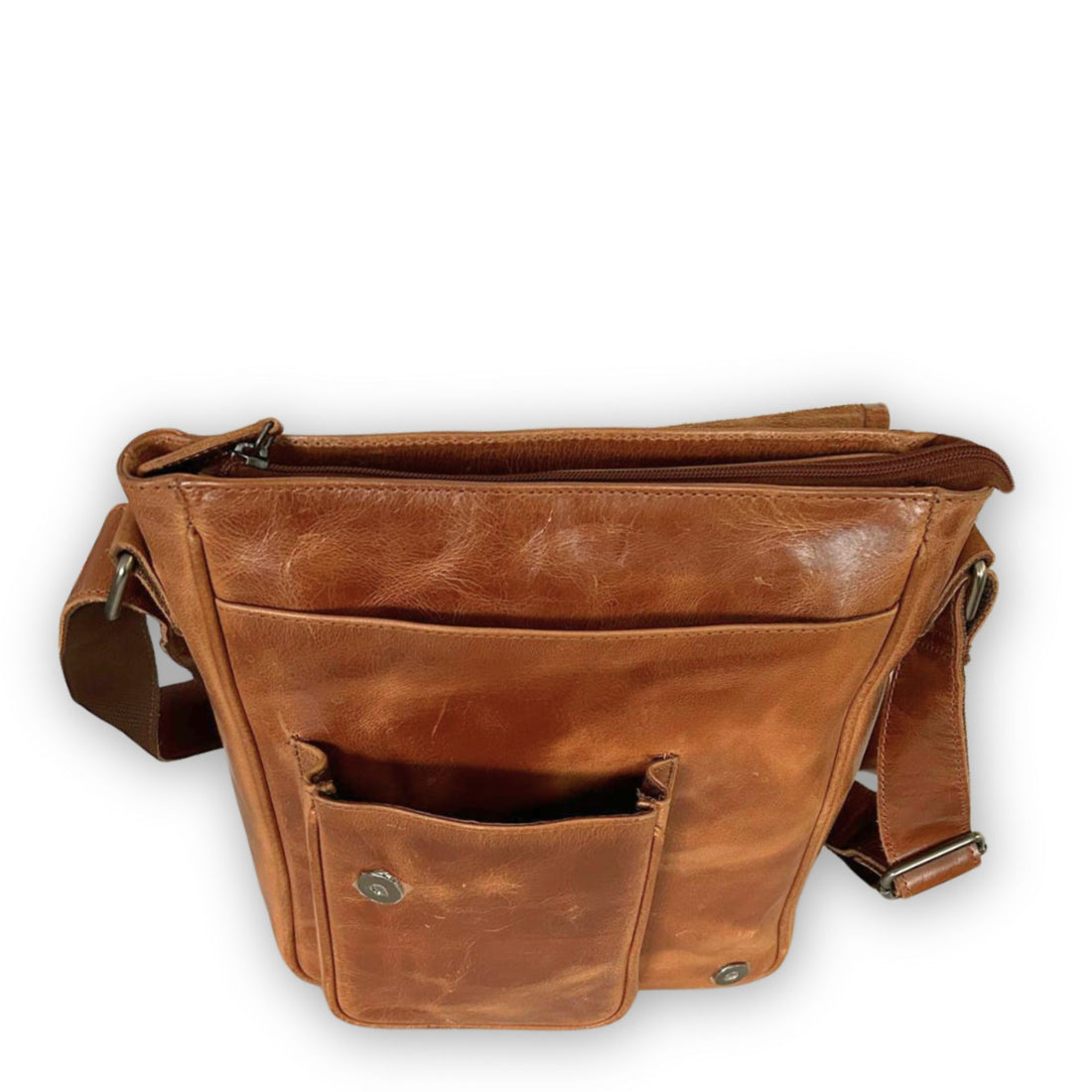 Tan leather crossbody bag front view