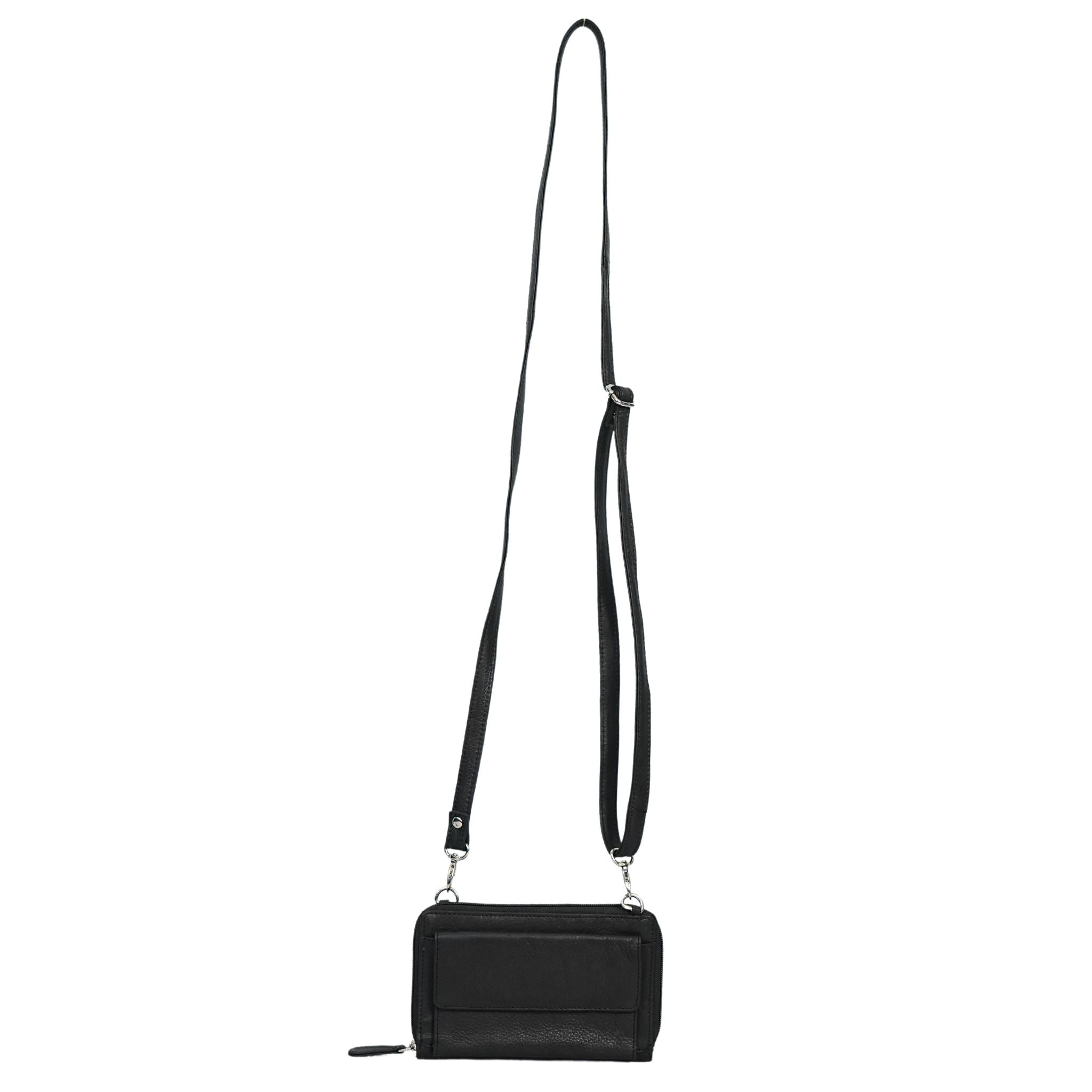 Black small crossbody bag full front view with straps