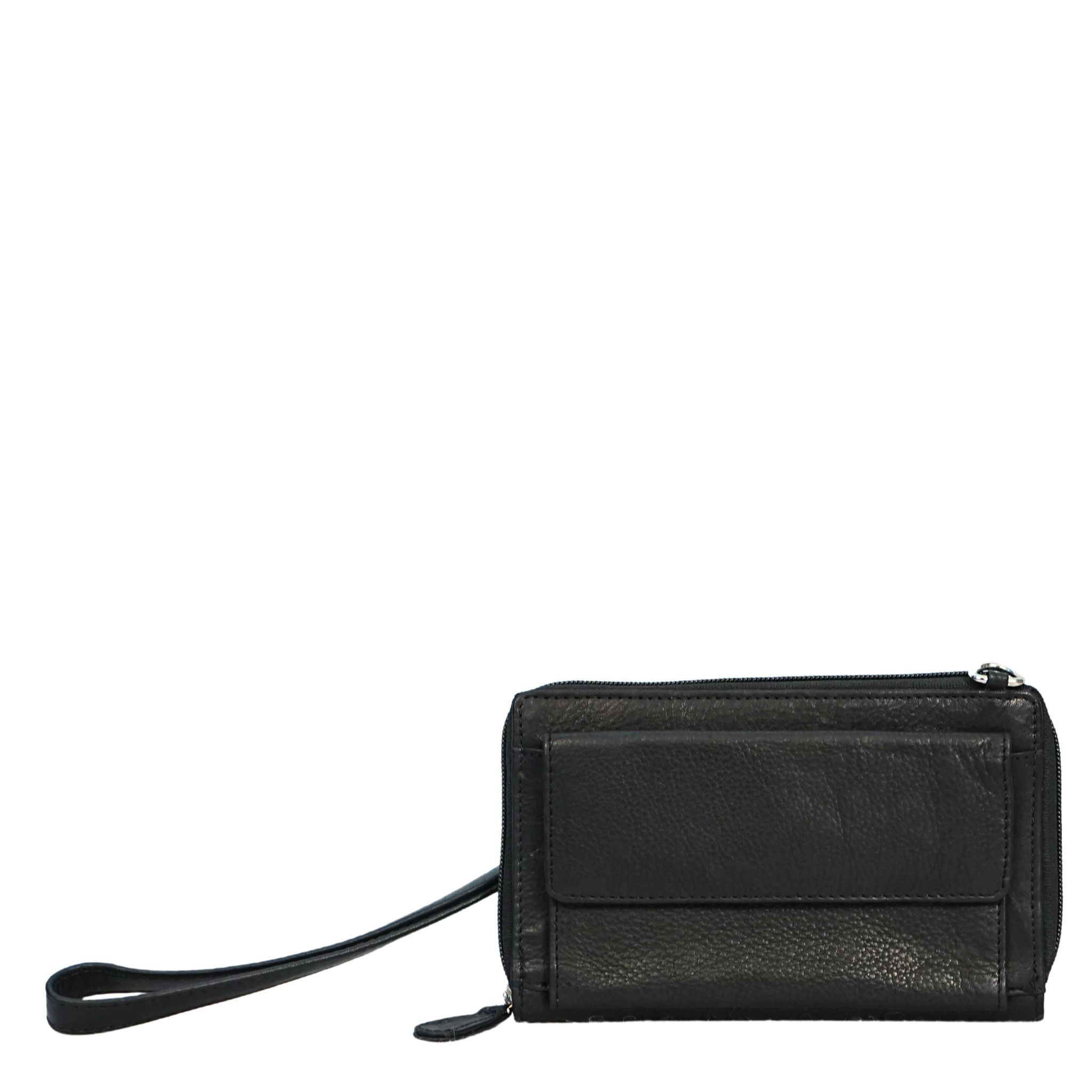 Black small crossbody bag front view with wrist straps