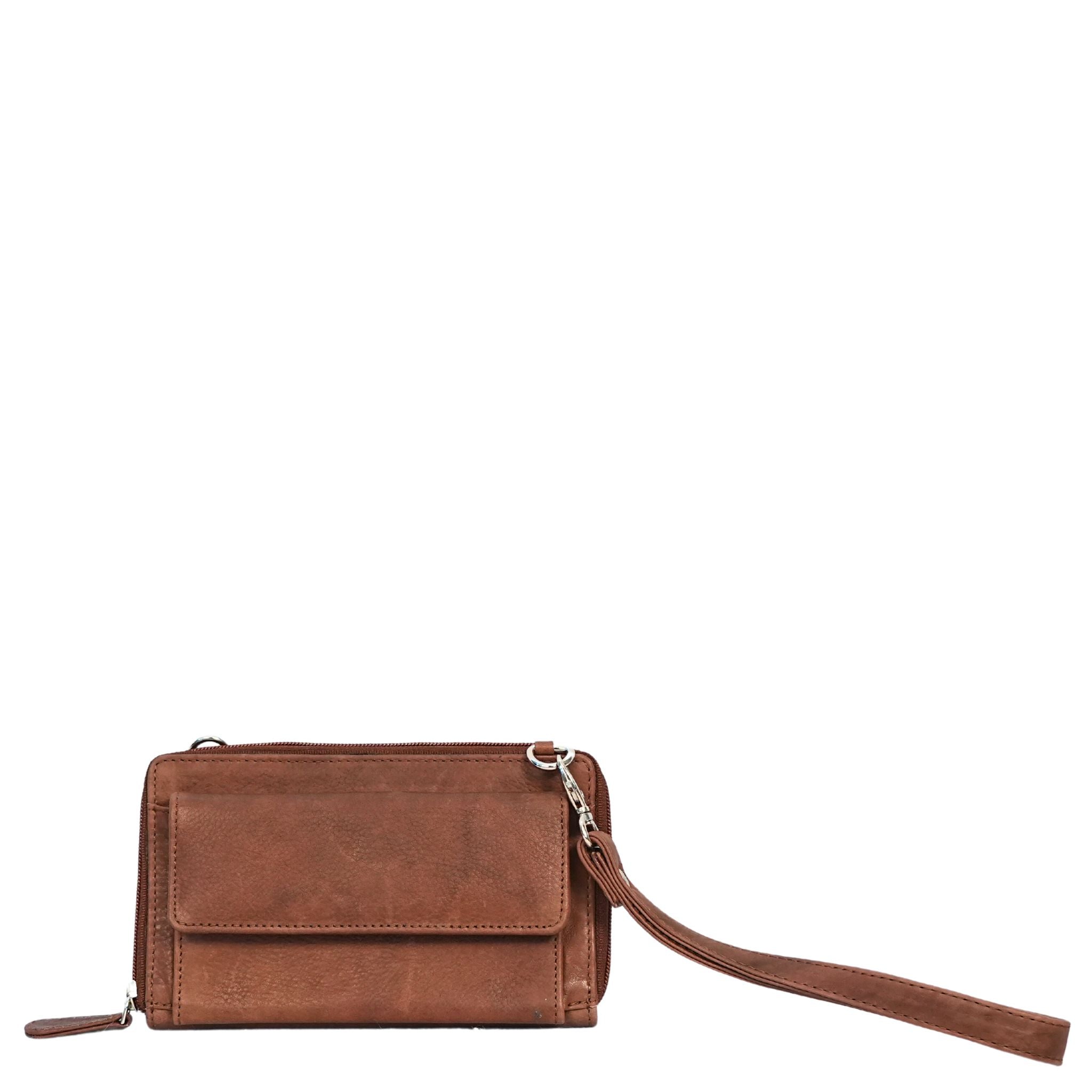 Brown small crossbody bag front view with wrist strap