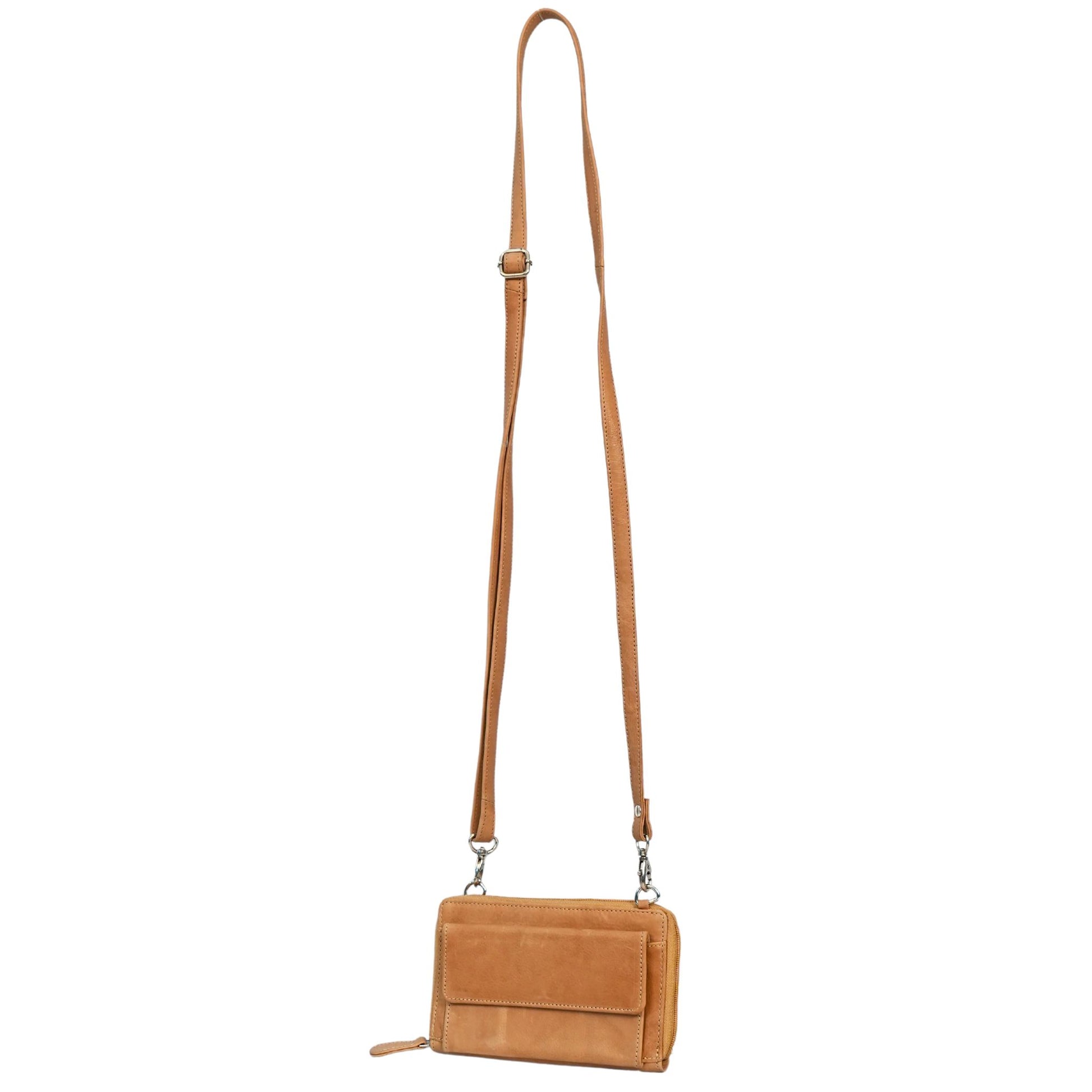 Camel small crossbody bag full view with straps