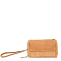 Camel small crossbody bag front view with wrist straps