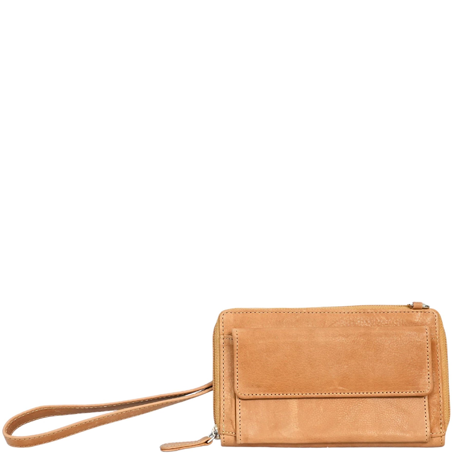 Camel small crossbody bag front view with wrist straps