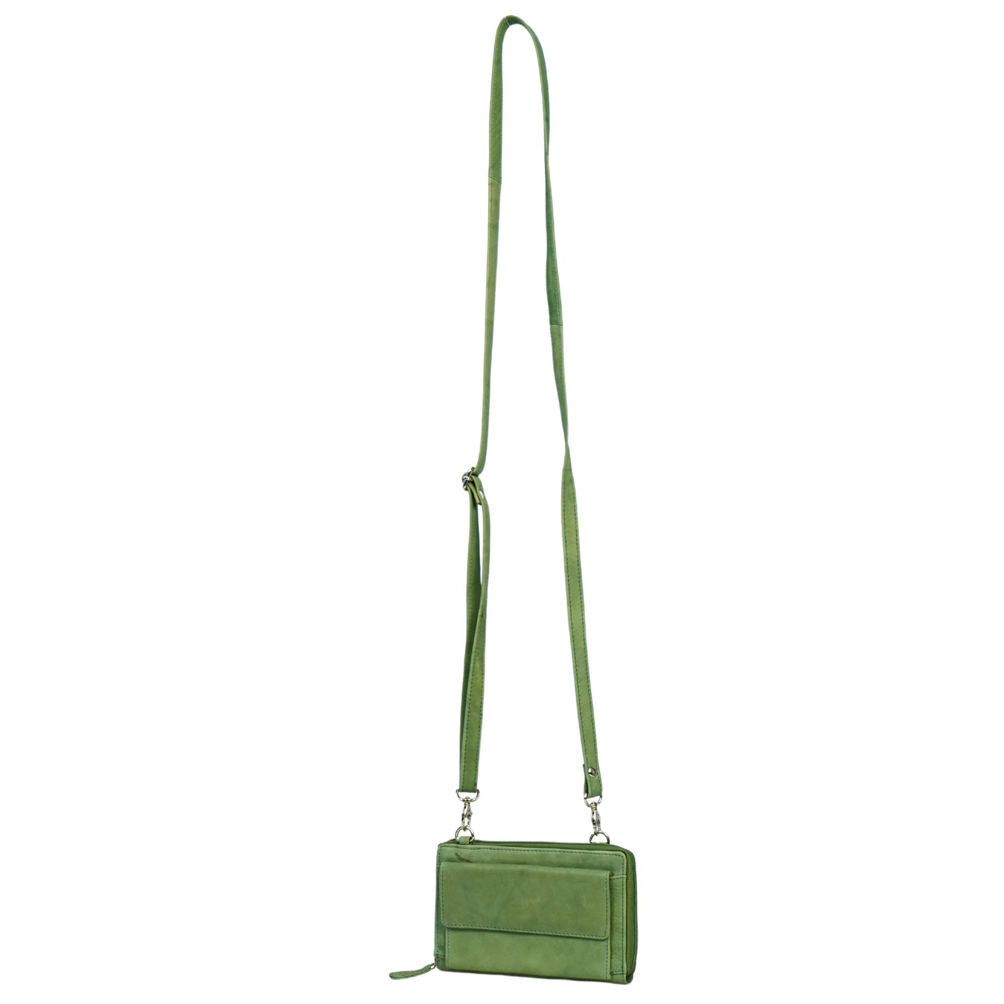 Green small crossbody bag full view with straps