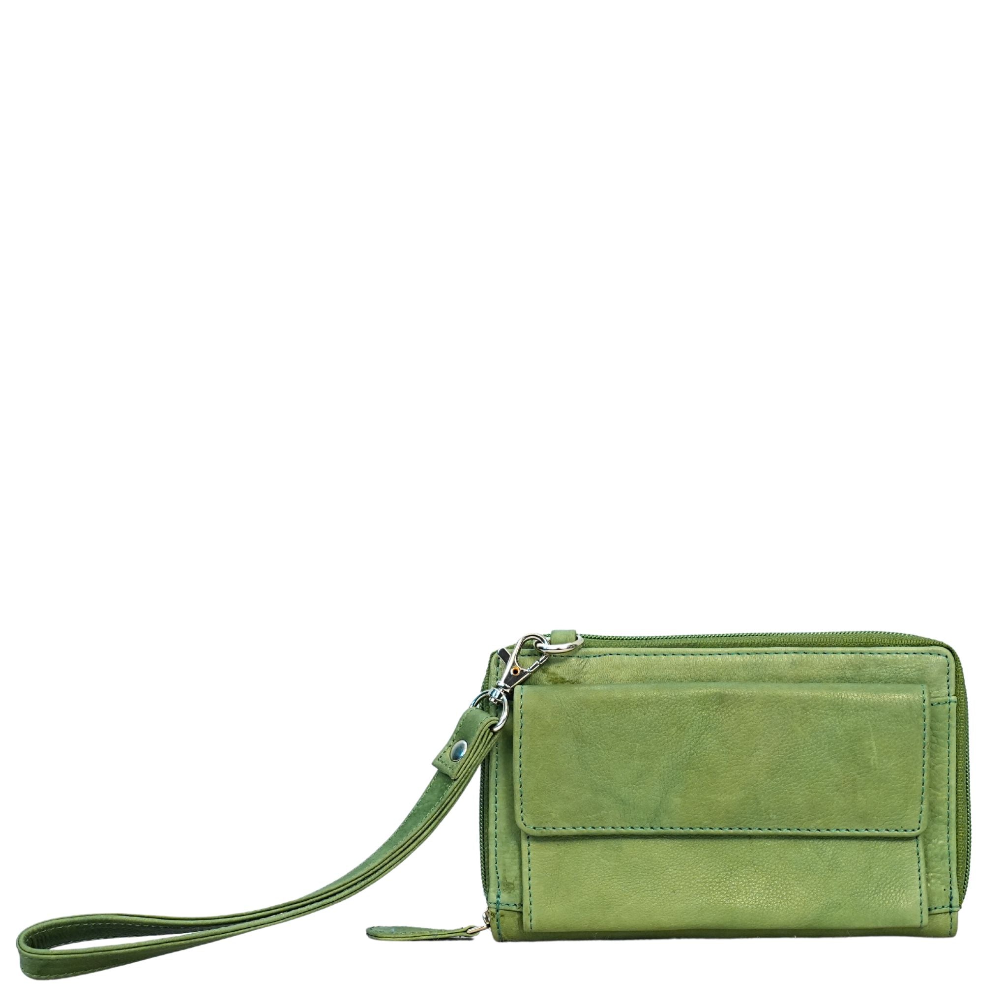 Green small crossbody bag front view with wrist straps