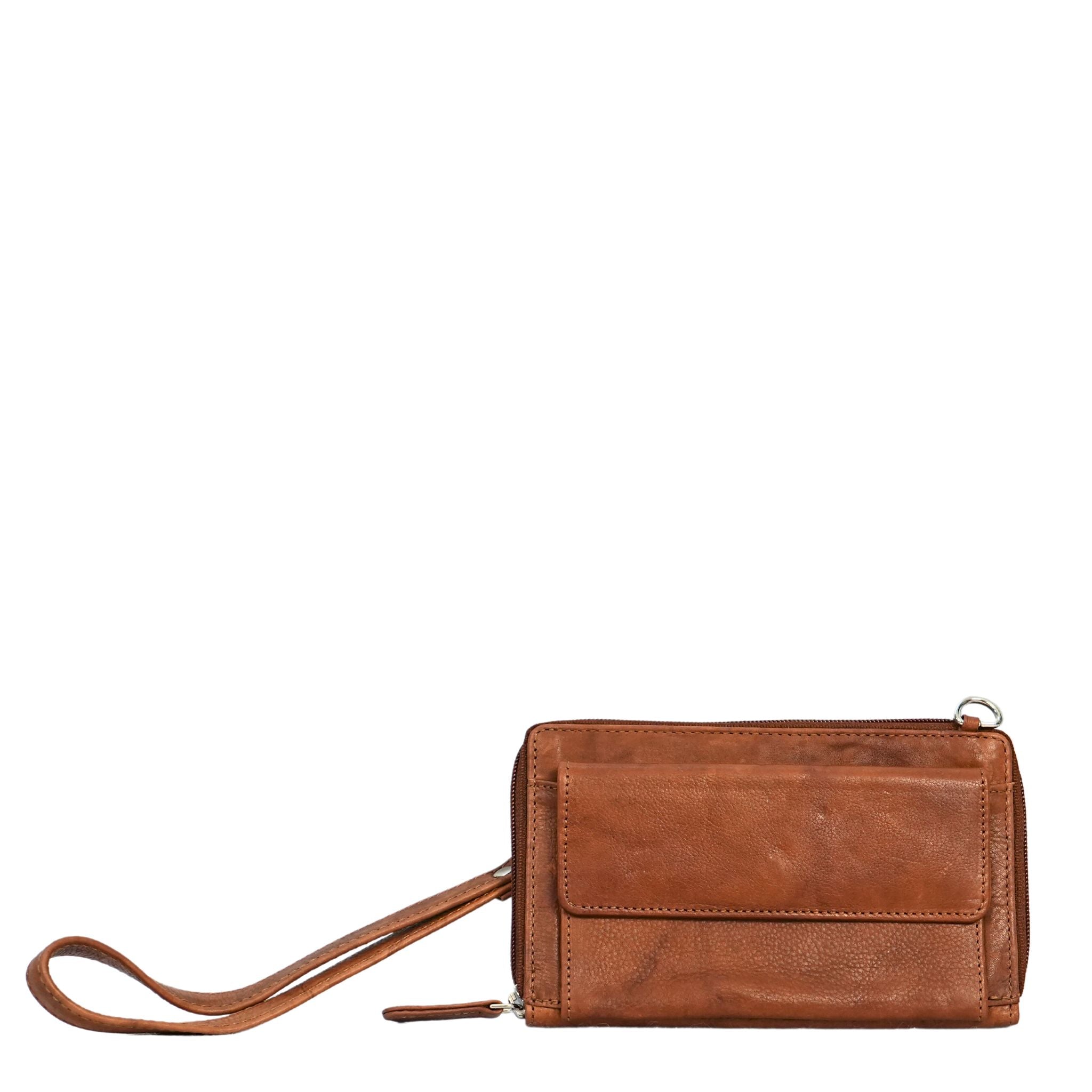 Tan small crossbody bag front view with wrist straps