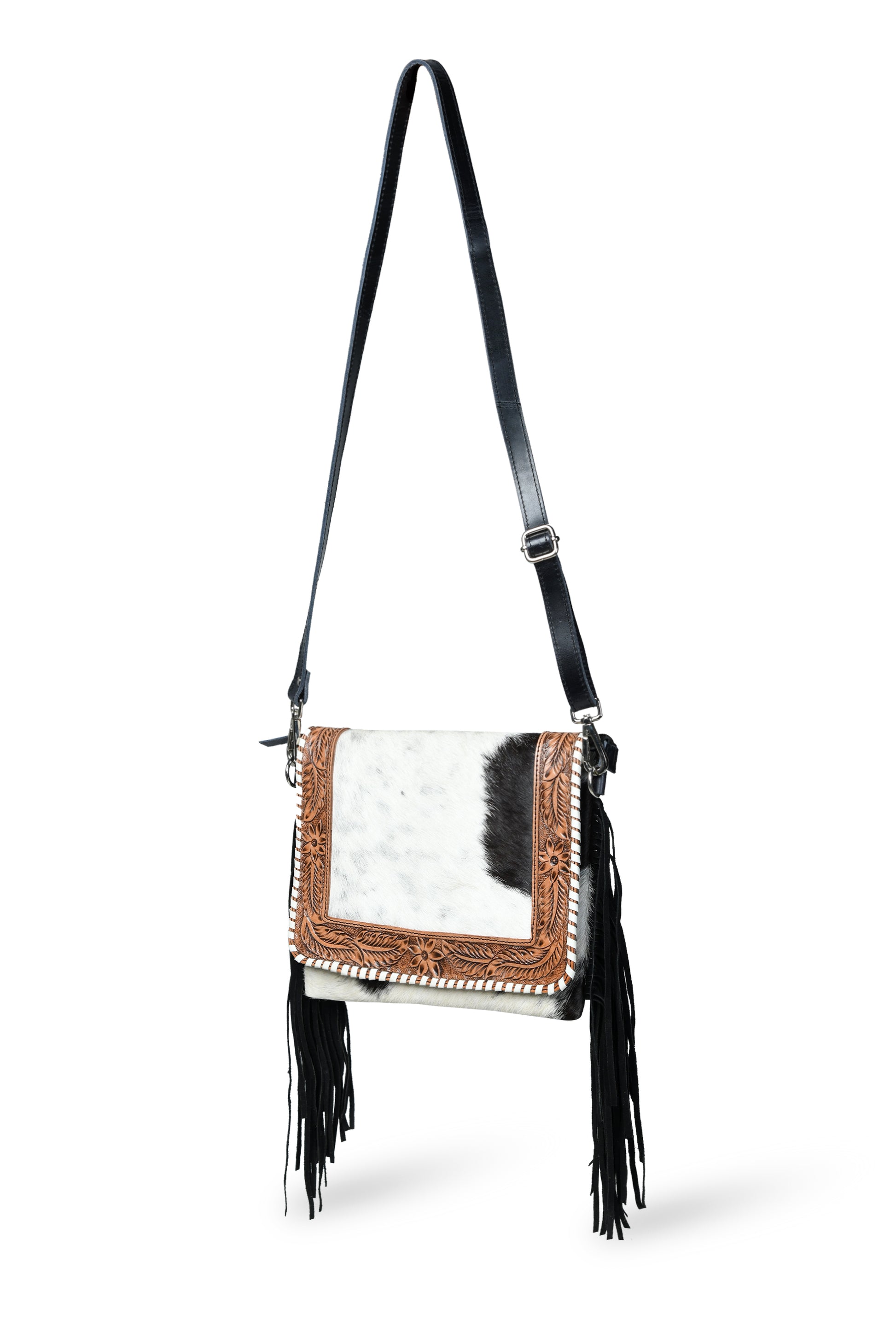 Black tooled leather bag angle view