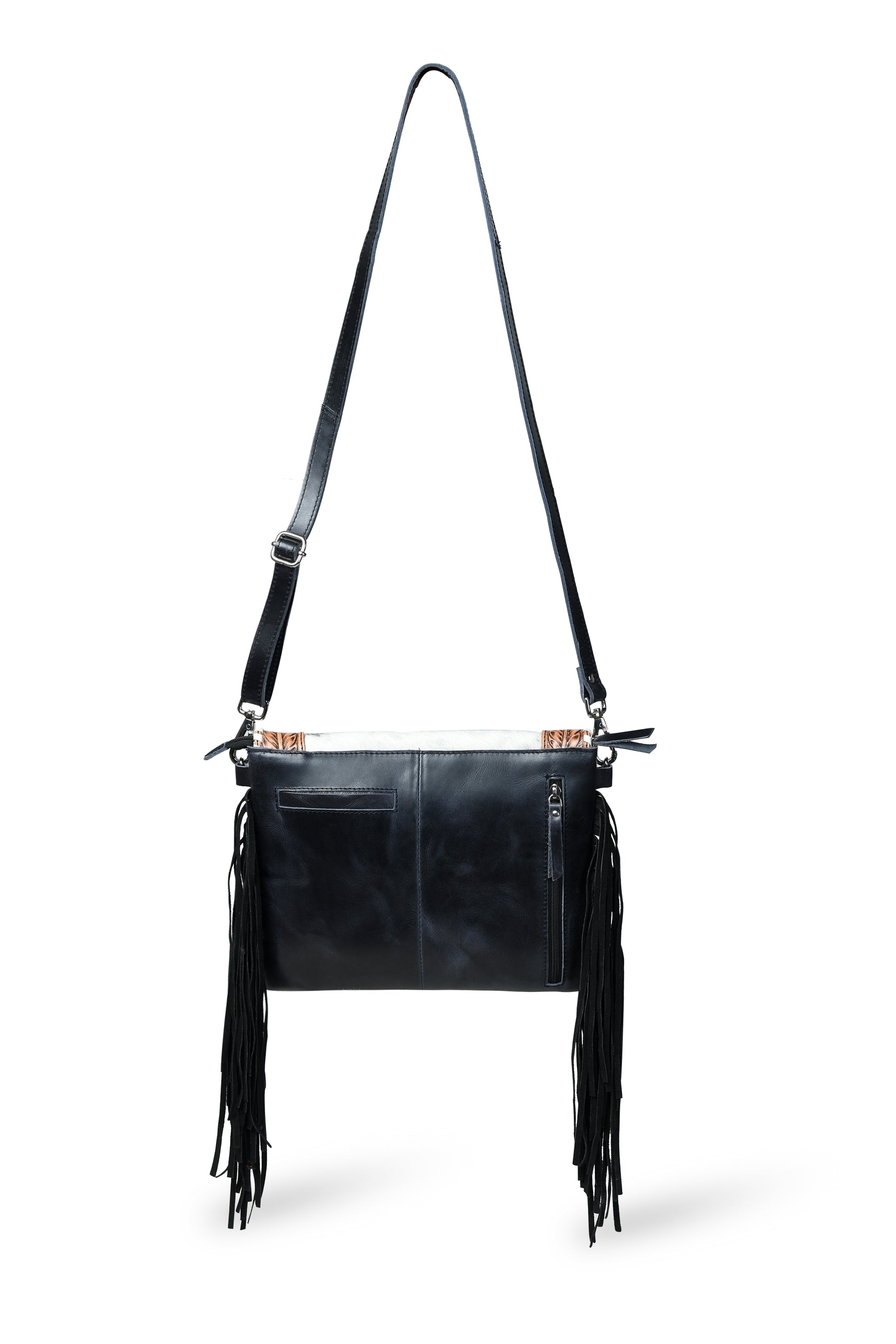 Black tooled leather bag back view