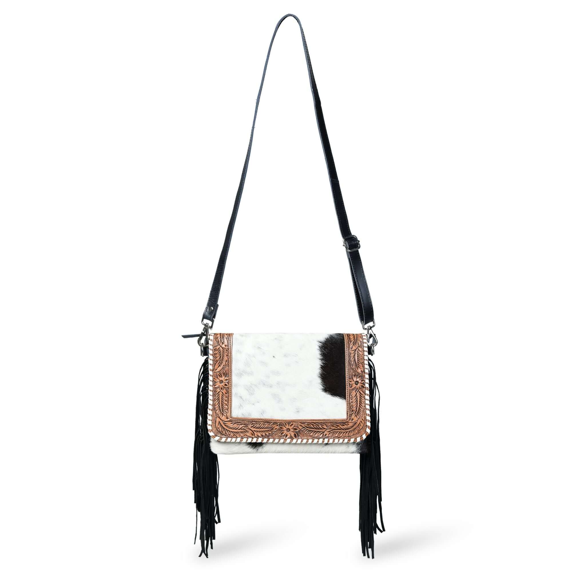 Black tooled leather bag front view