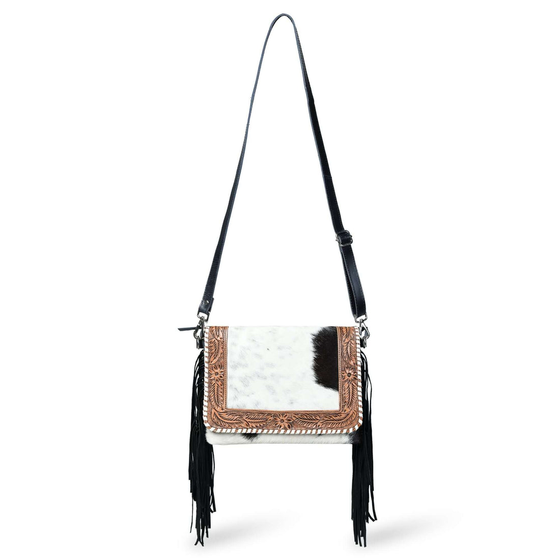 Black tooled leather bag front view
