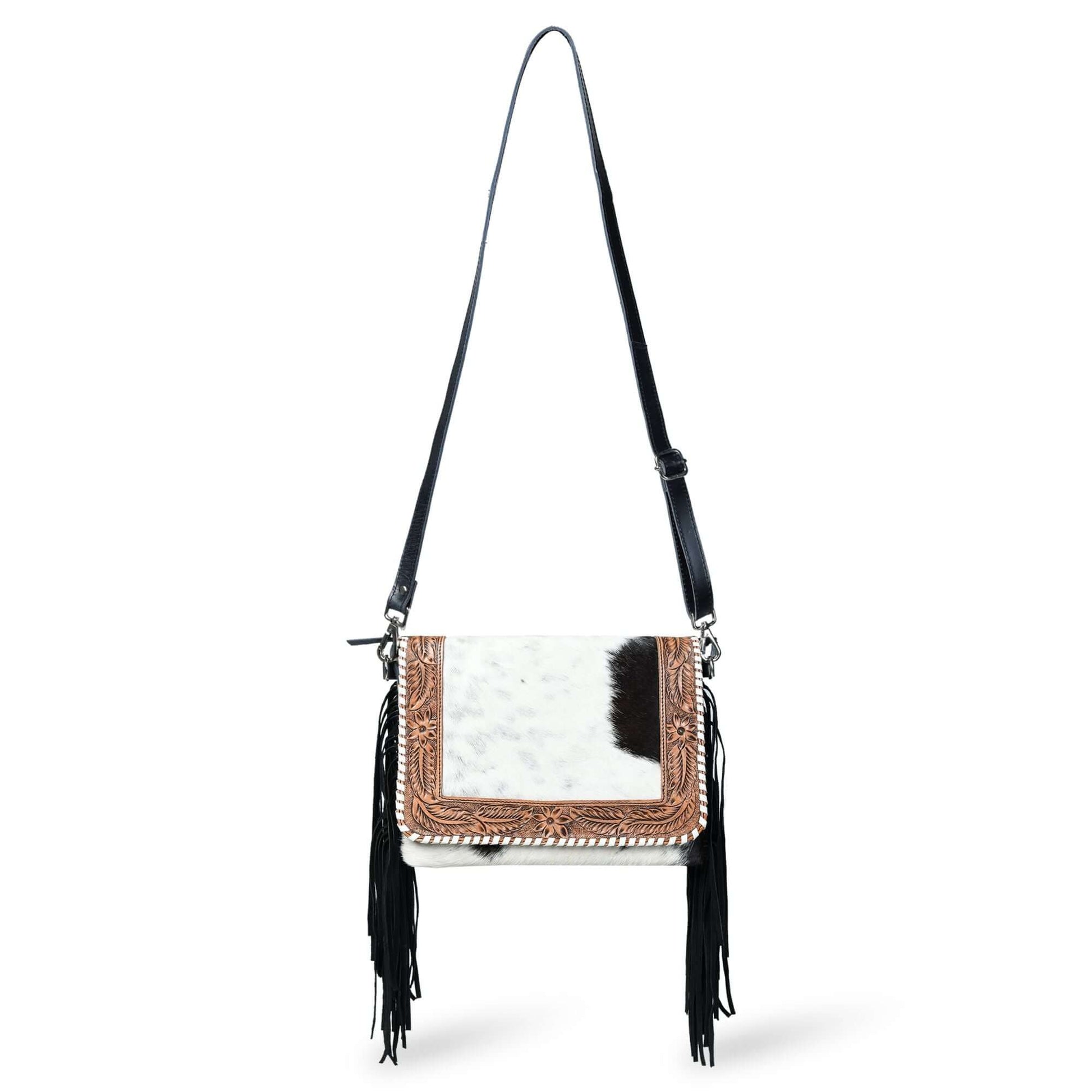 Black tooled leather bag front view