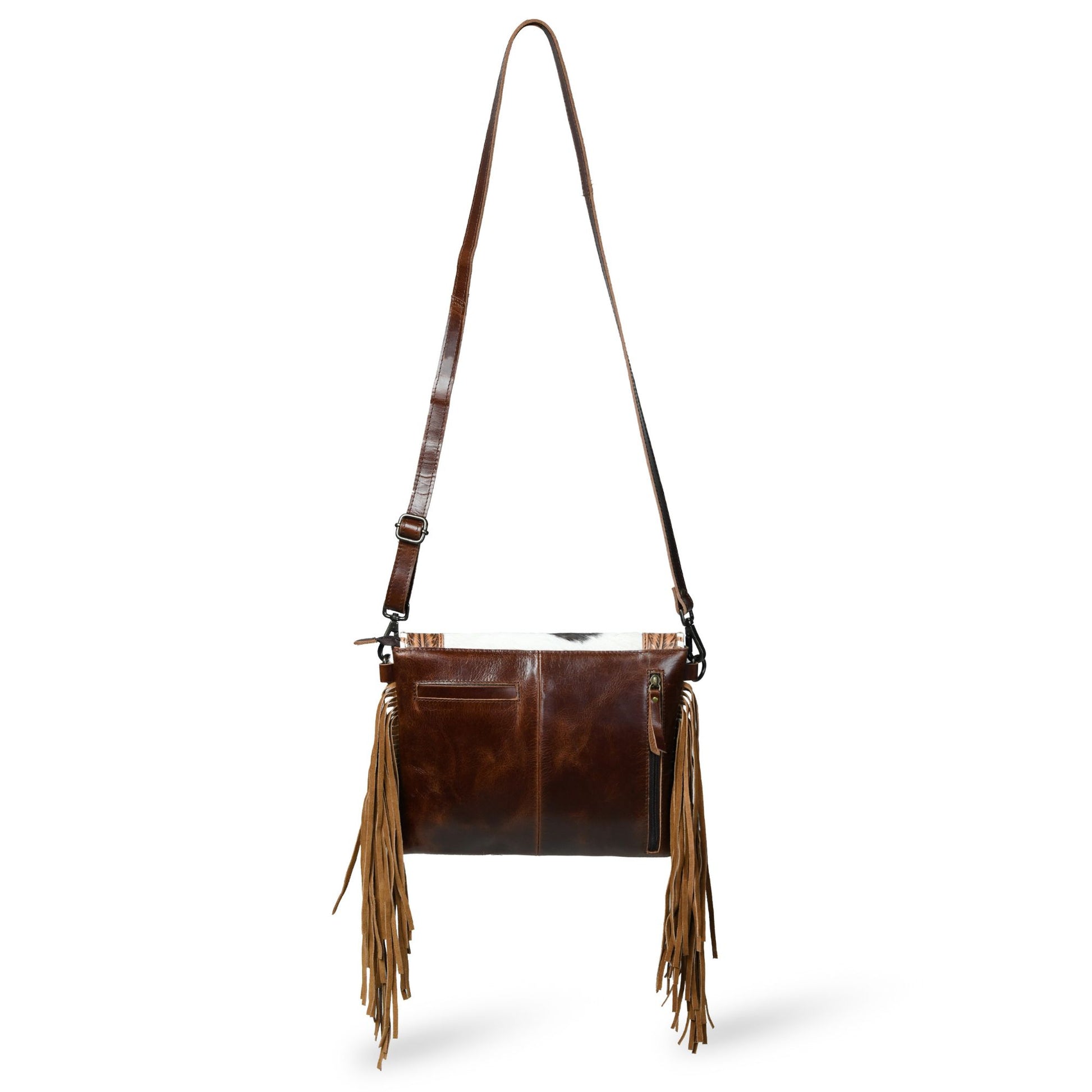 Brown tooled leather bag back view