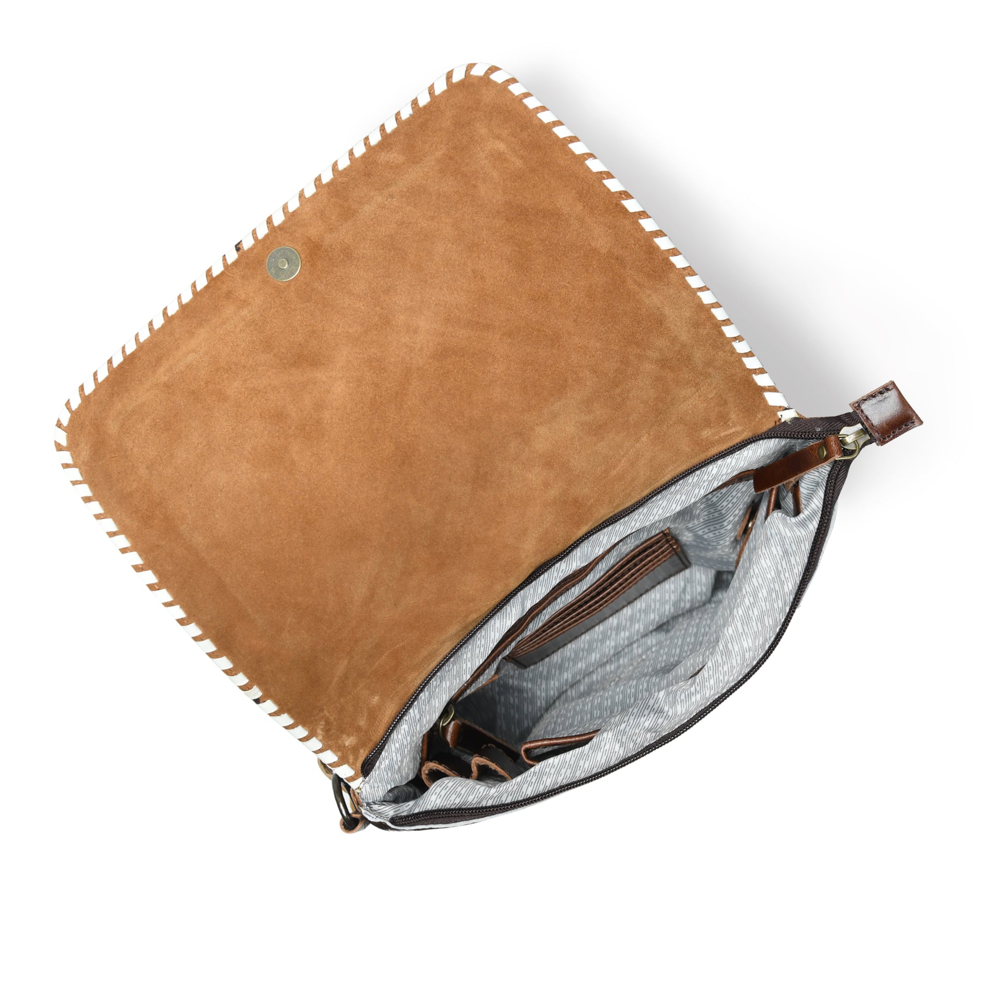 Brown tooled leather bag open view