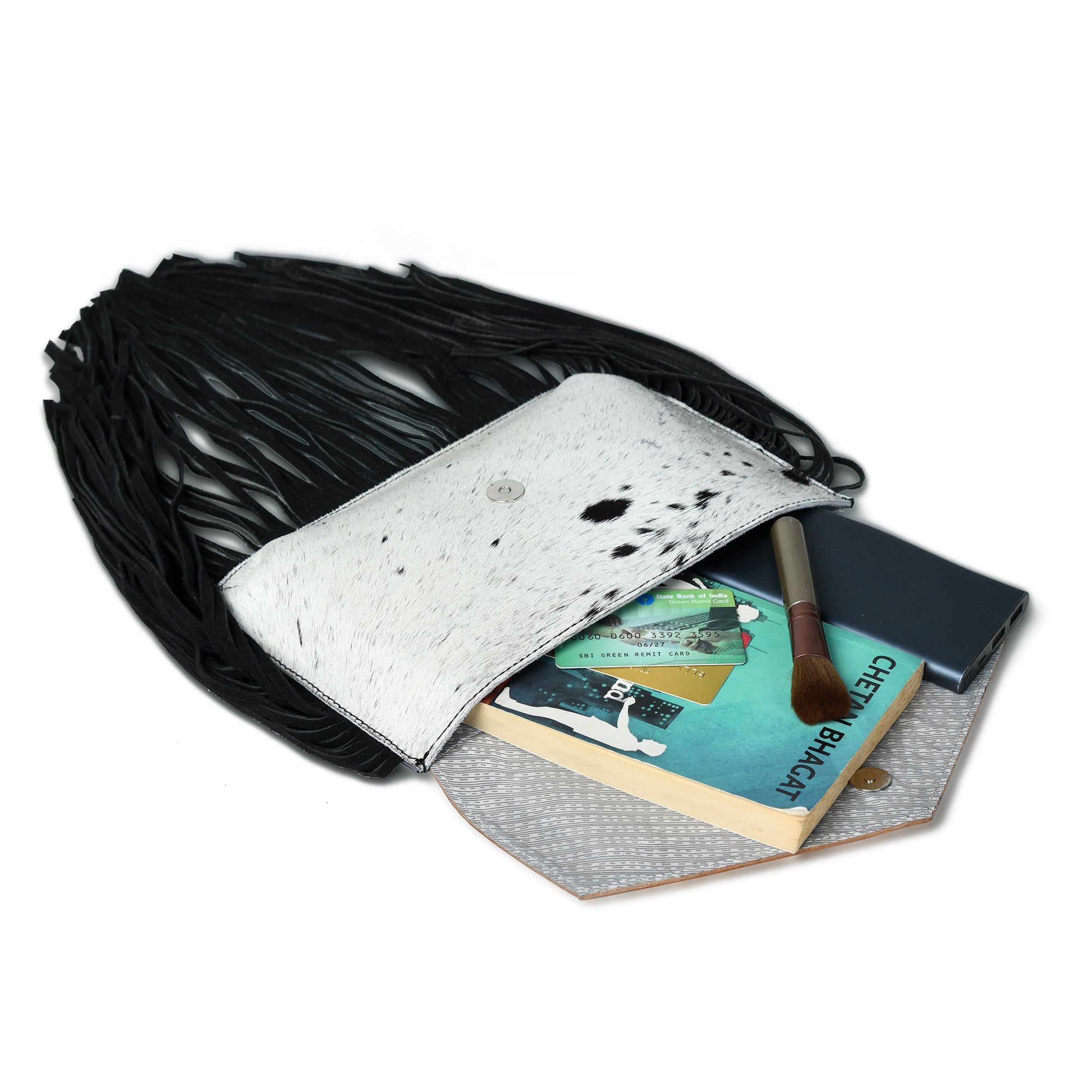  Black cowhide crossbody bag stuff inside view