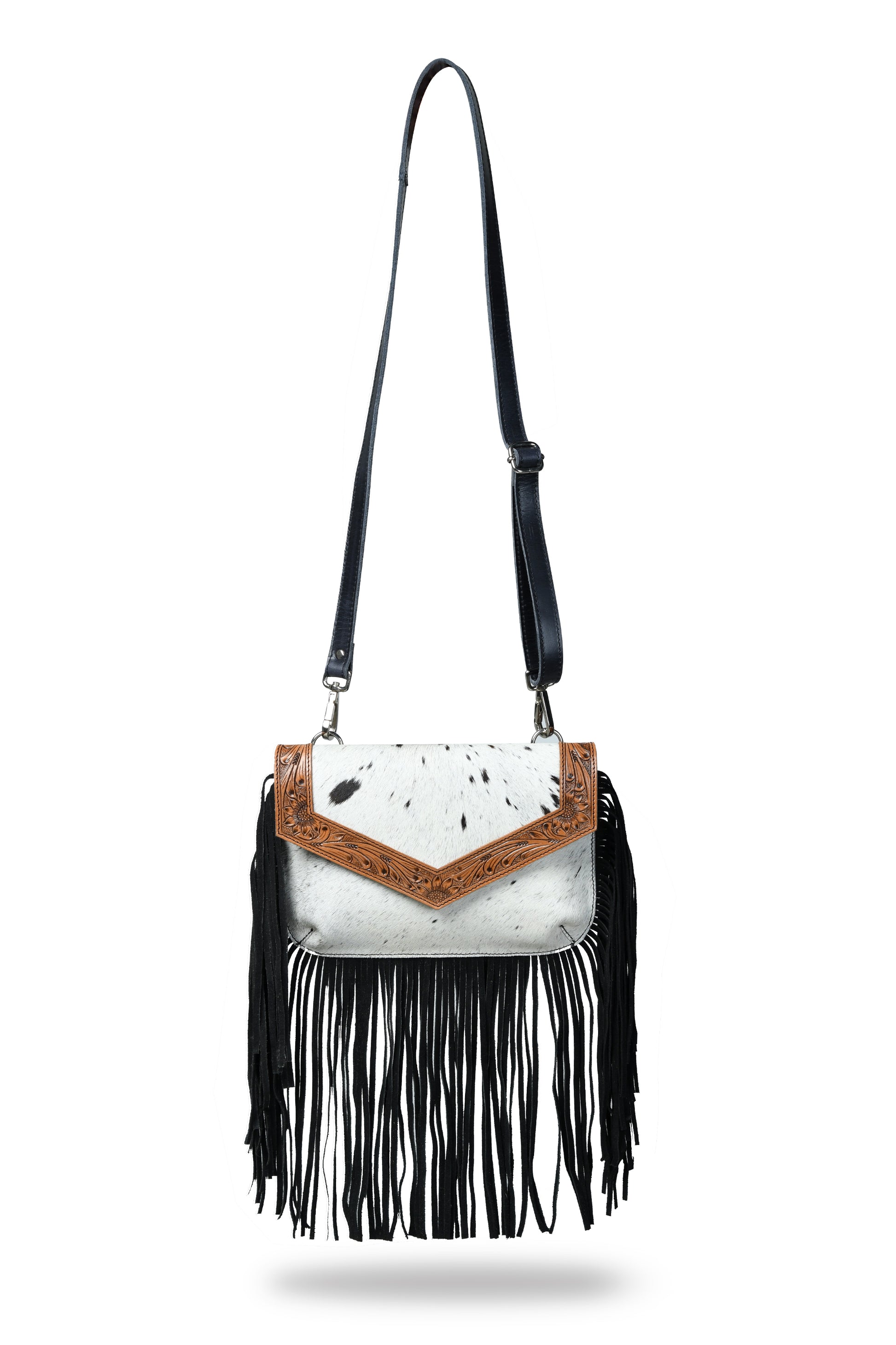 Black cowhide crossbody bag front view