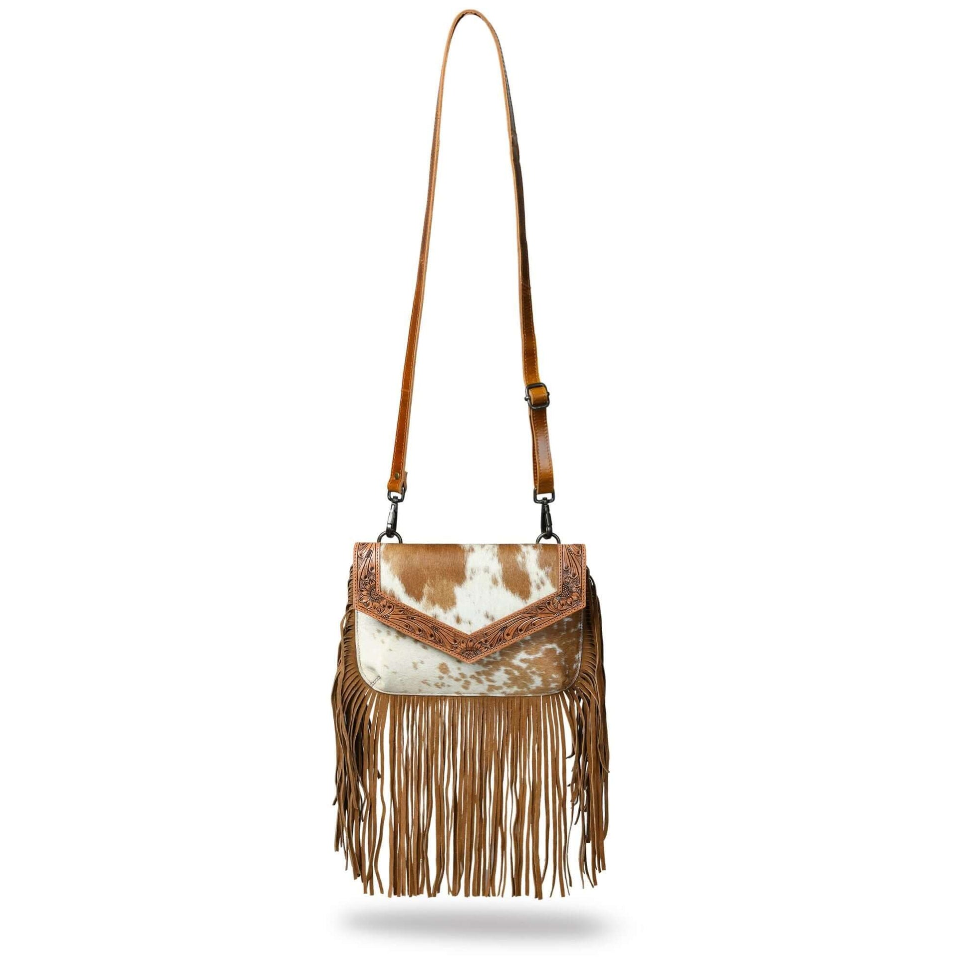 Tan cowhide crossbody bag front view