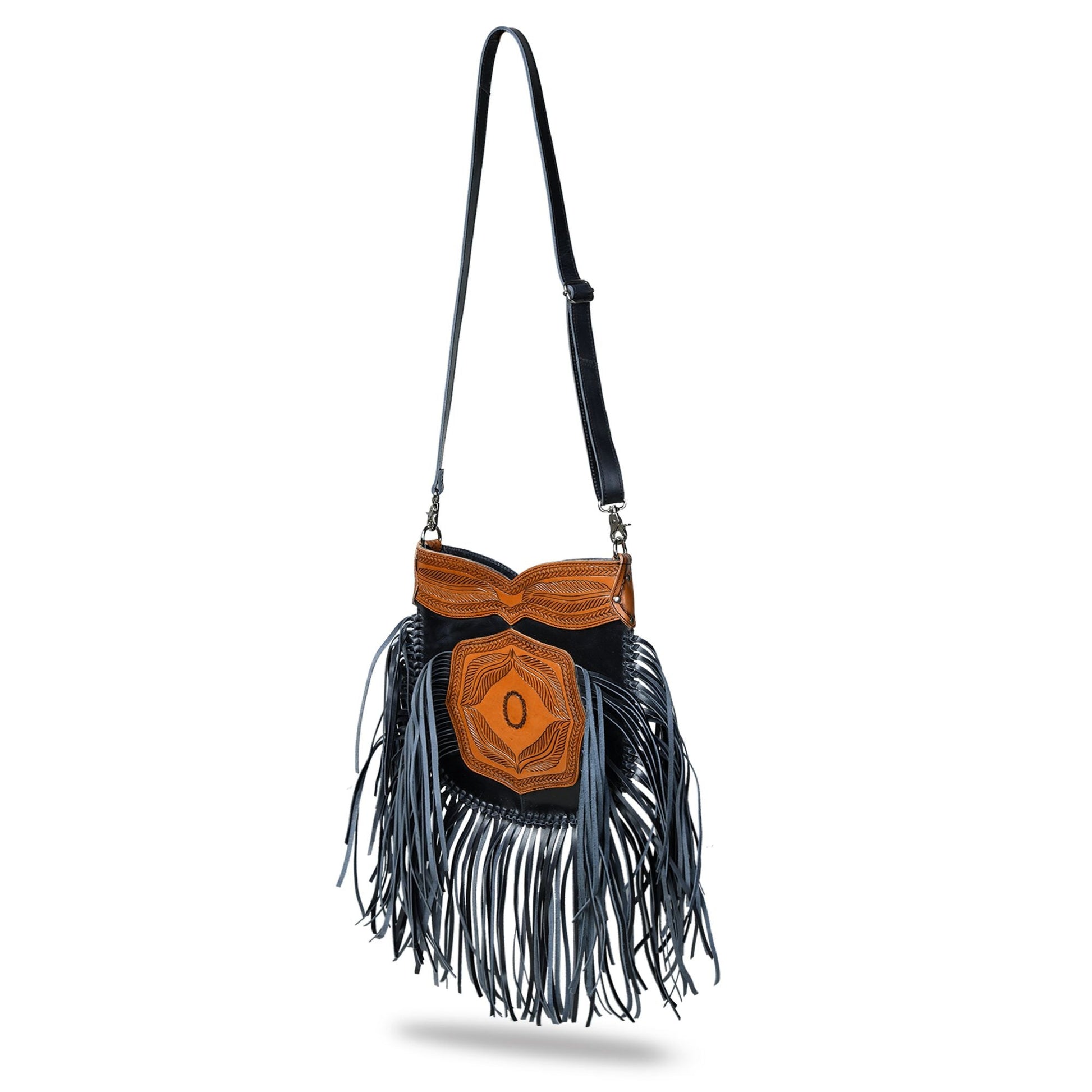 Black Tooled Leather Crossbody Bag with Side Fringes angle view