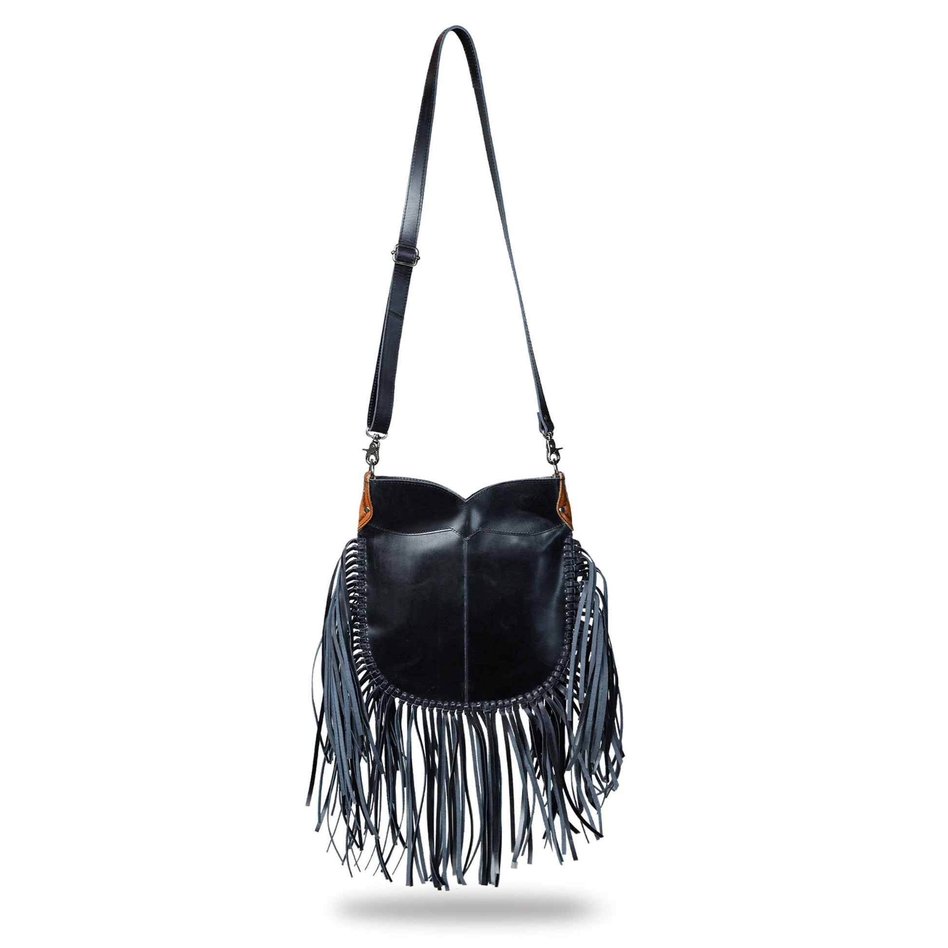 Black Tooled Leather Crossbody Bag with Side Fringes black view