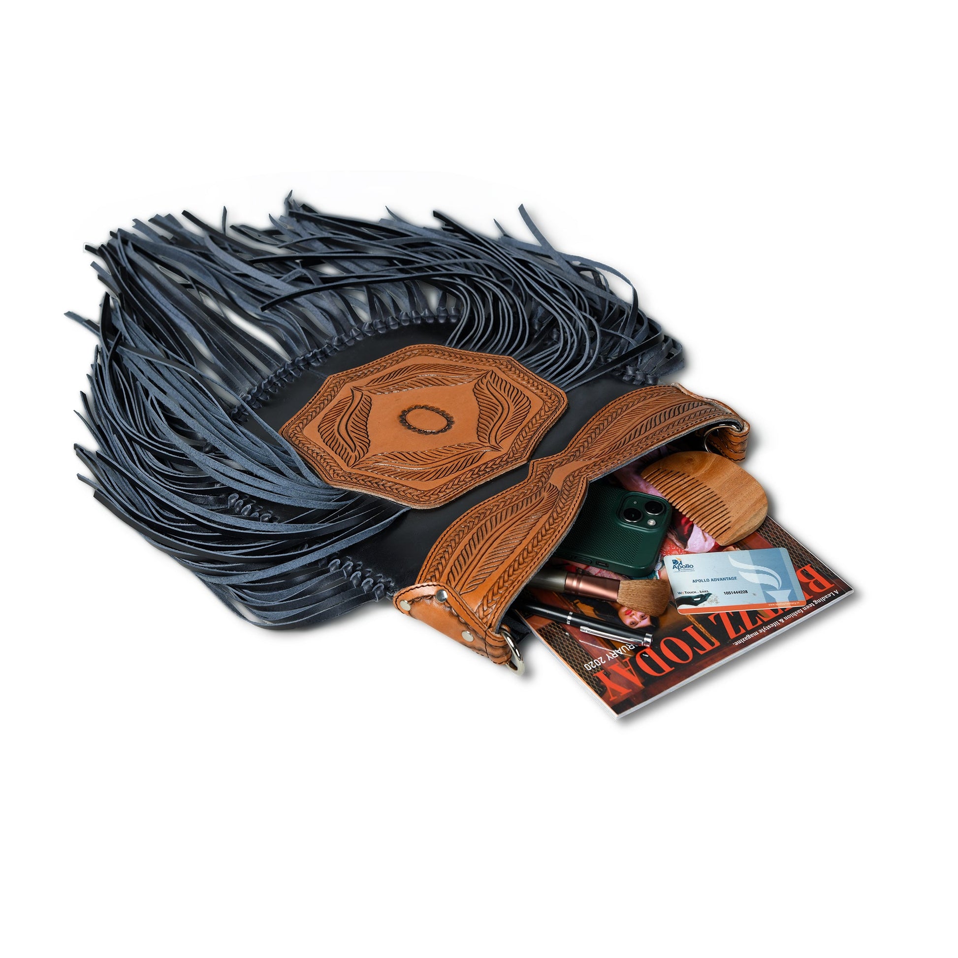Black Tooled Leather Crossbody Bag with Side Fringes stuff inside view