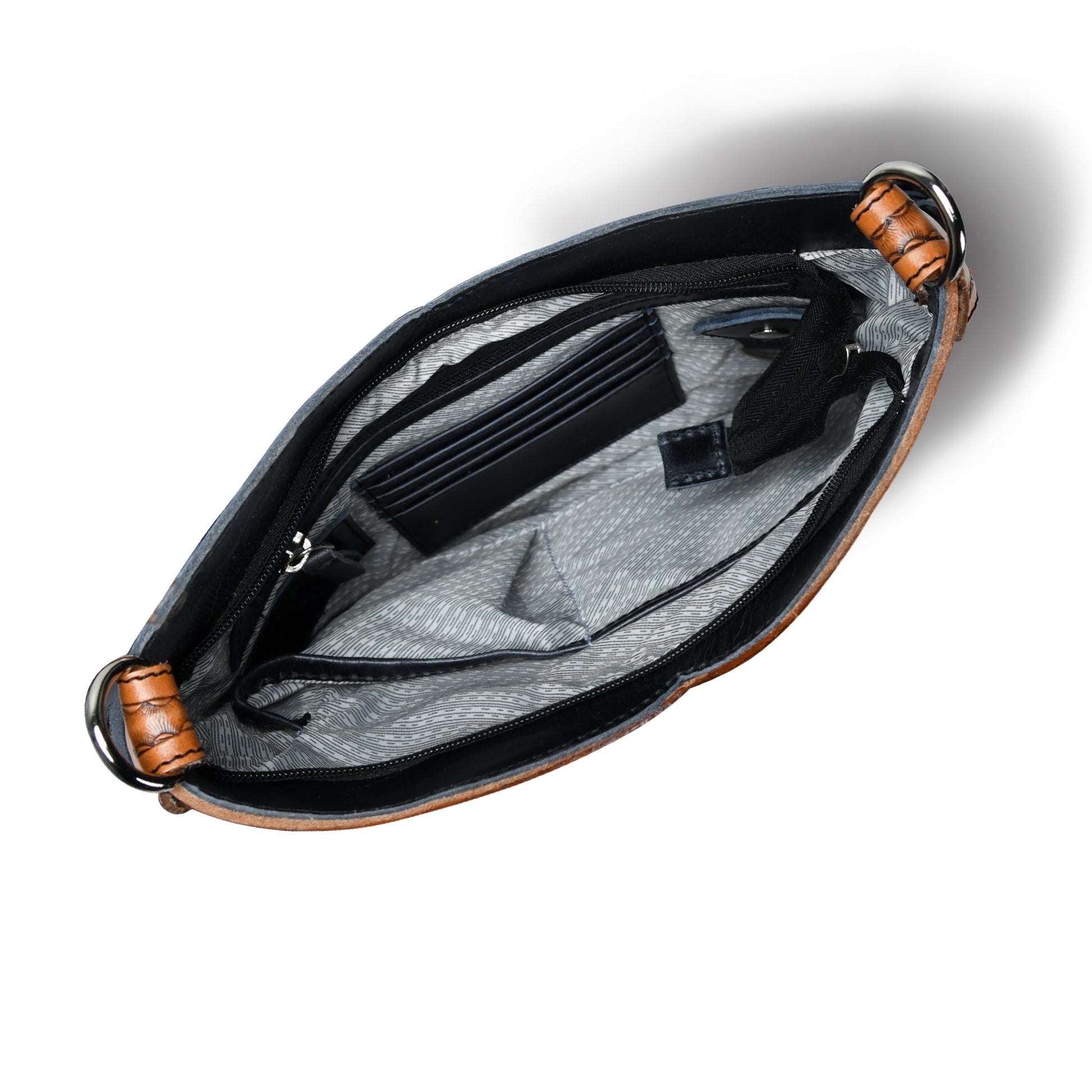 Black Tooled Leather Crossbody Bag with Side Fringes open view
