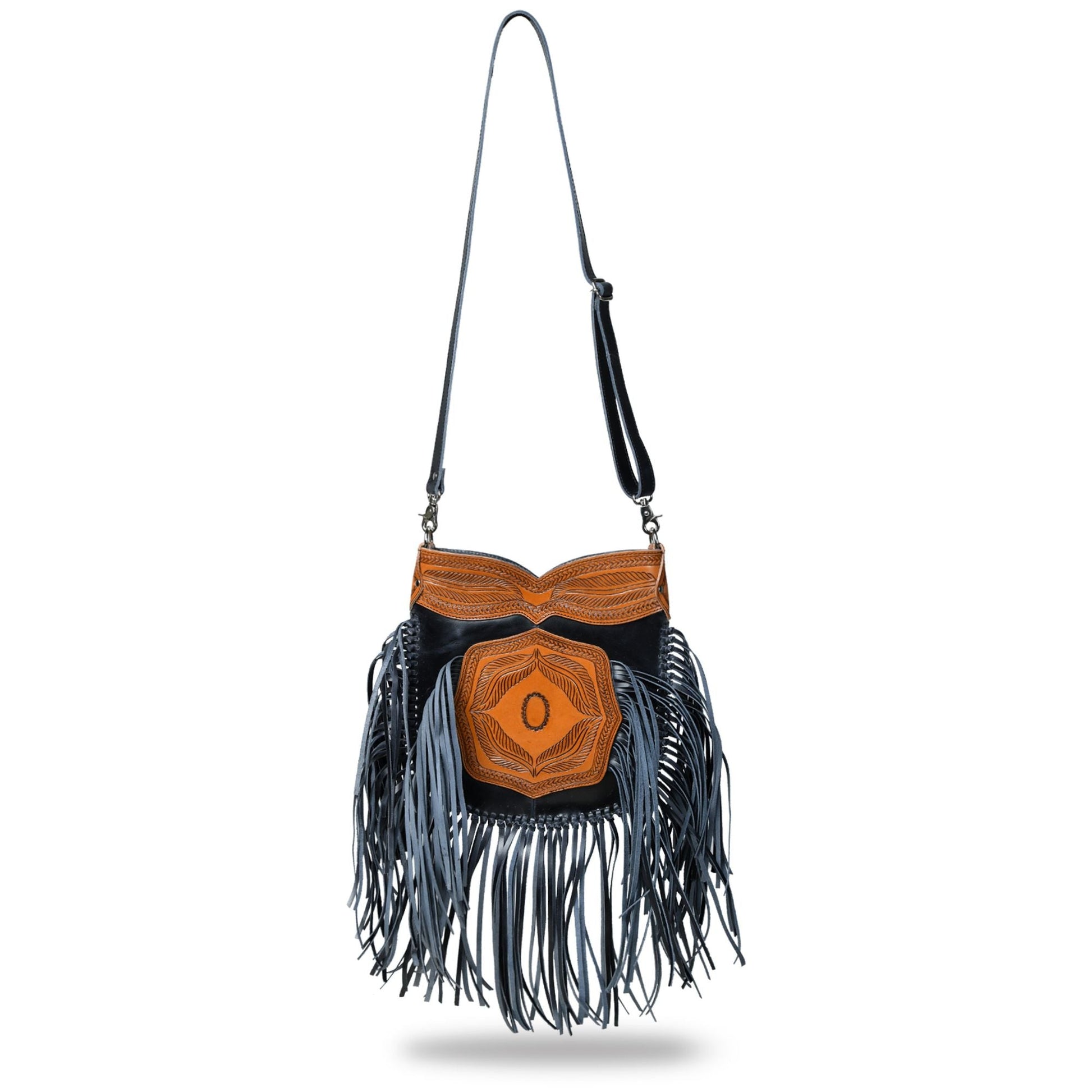 Black Tooled Leather Crossbody Bag with Side Fringes full view