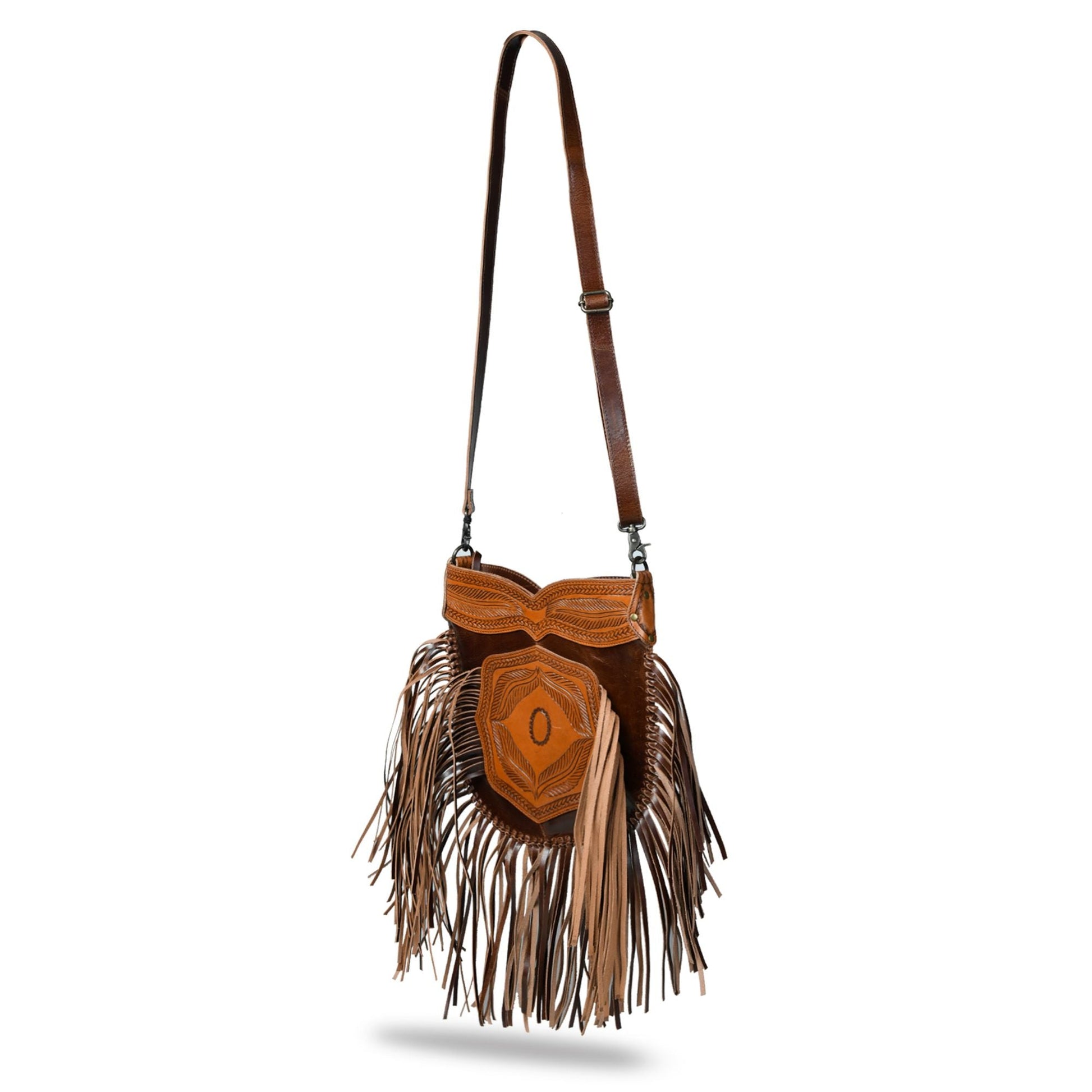  Brown Tooled Leather Crossbody Bag with Side Fringes angle view