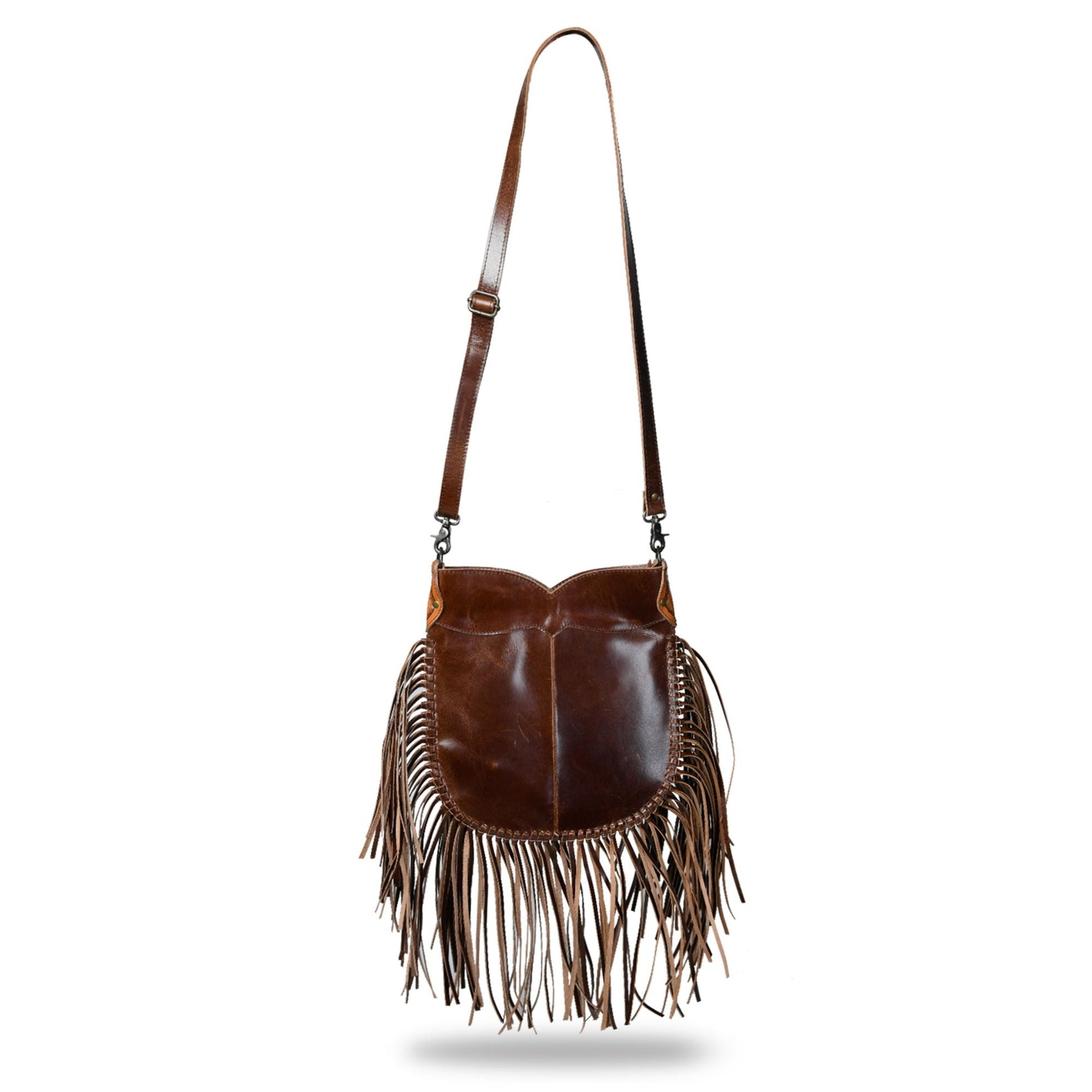  Brown Tooled Leather Crossbody Bag with Side Fringes back view