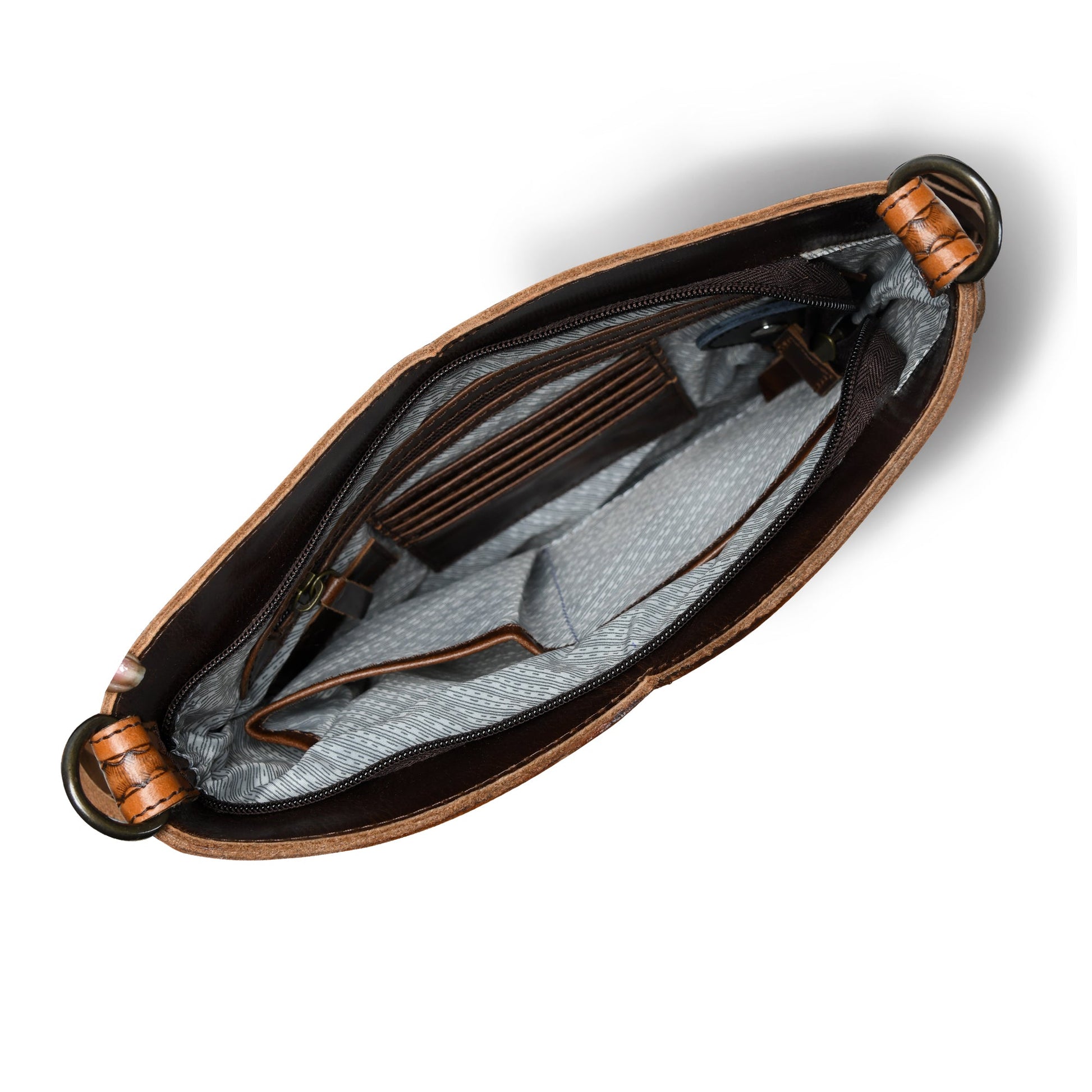  Brown Tooled Leather Crossbody Bag with Side Fringes open view