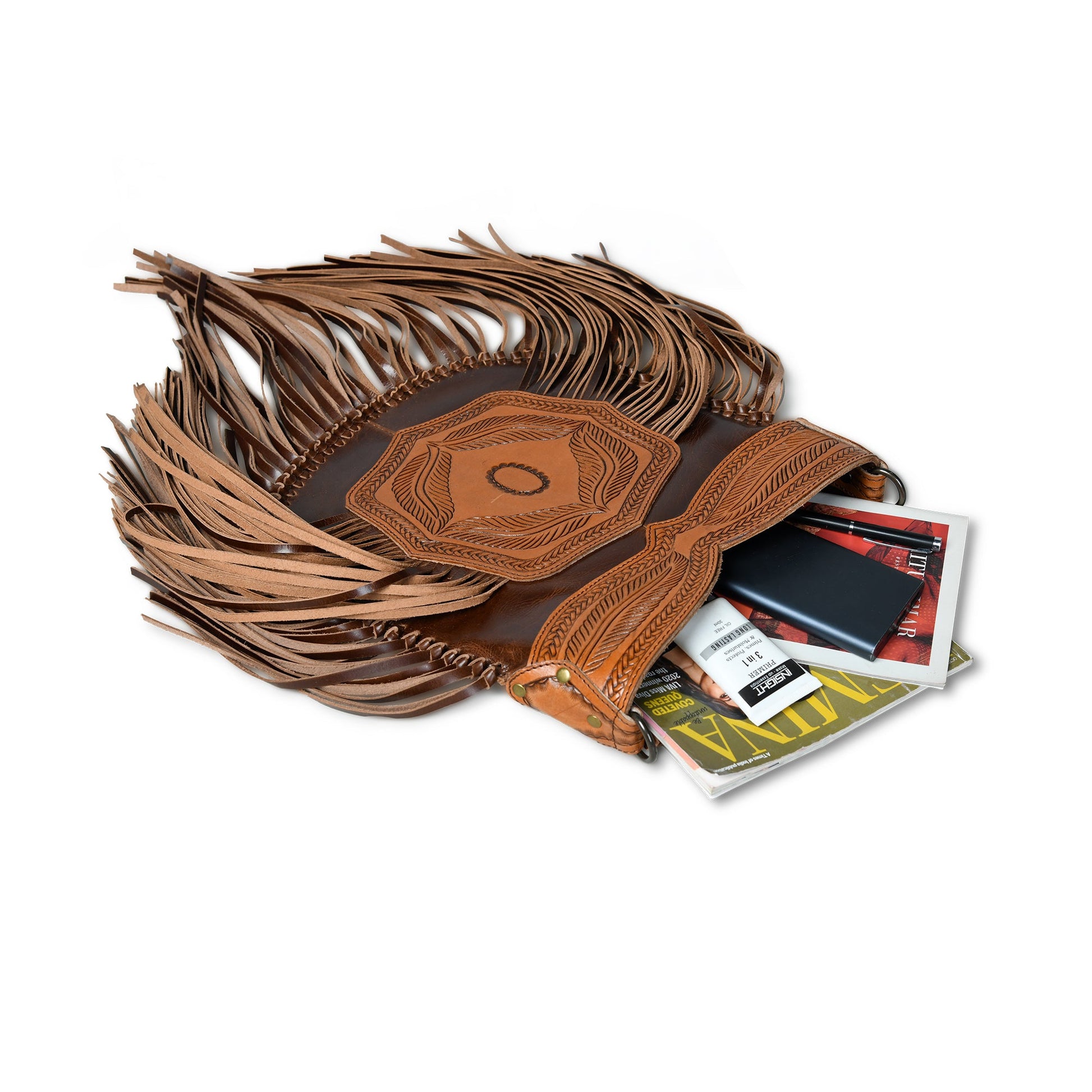 Brown Tooled Leather Crossbody Bag with Side Fringes stuff inside view