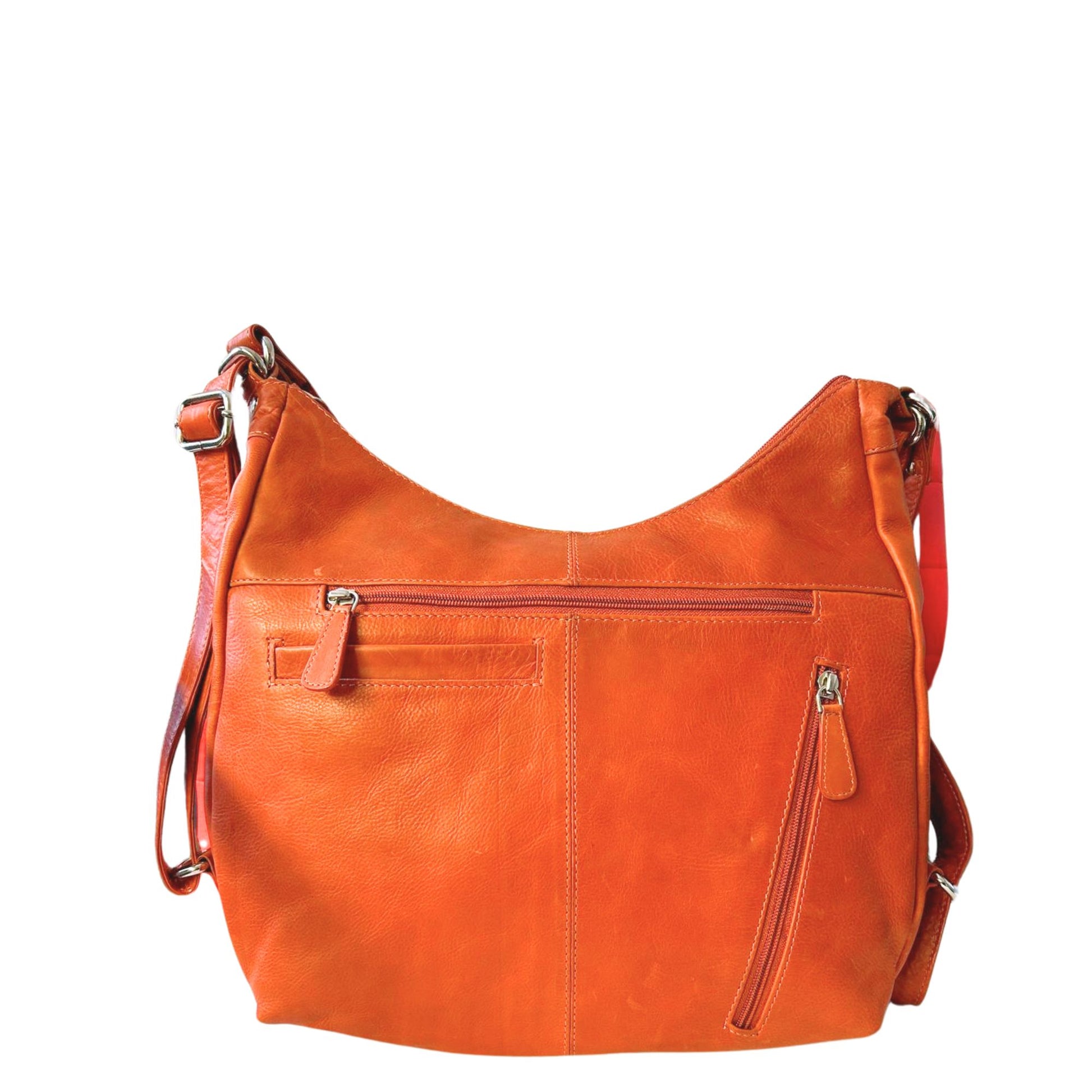 Orange leather bag backside view