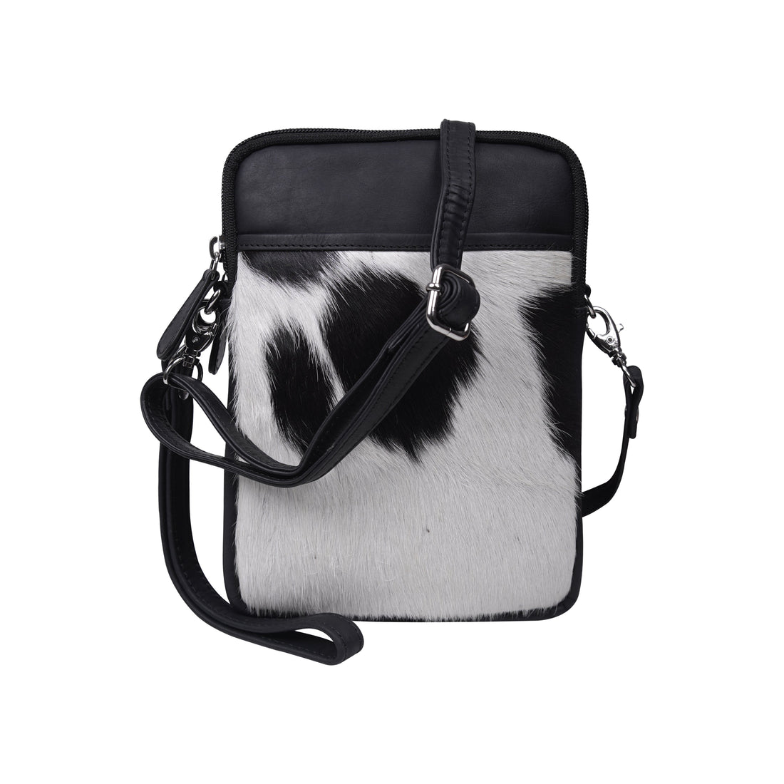 Cenzoni black leather crossbody phone bag with speckled hair-on cowhide front panel and adjustable strap