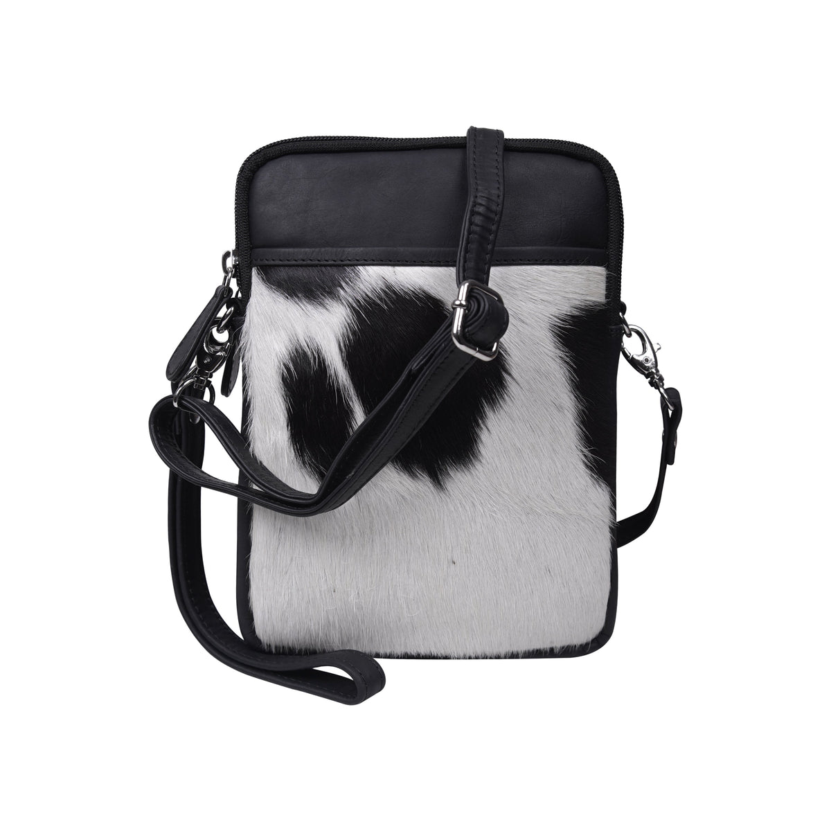 Cenzoni black leather crossbody phone bag with speckled hair-on cowhide front panel and adjustable strap