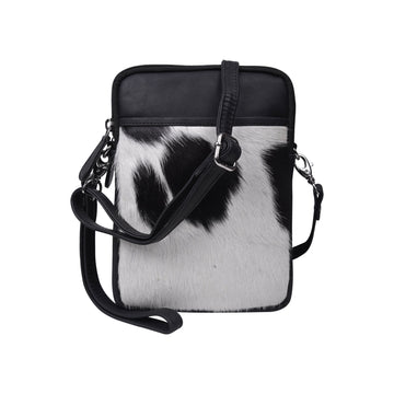 Cenzoni black leather crossbody phone bag with speckled hair-on cowhide front panel and adjustable strap