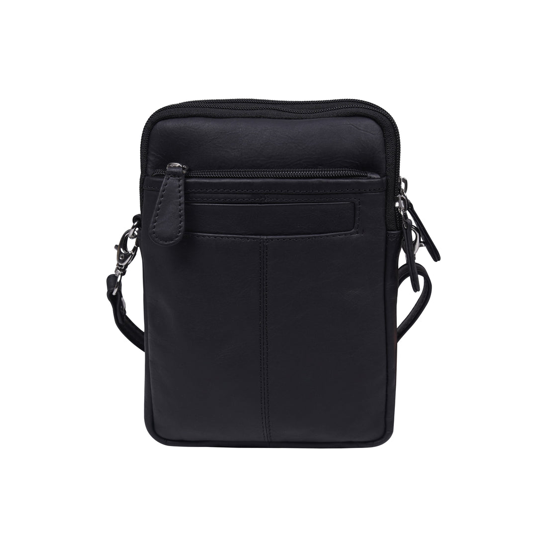 Cenzoni black leather crossbody phone bag with speckled hair-on cowhide front panel and adjustable strap