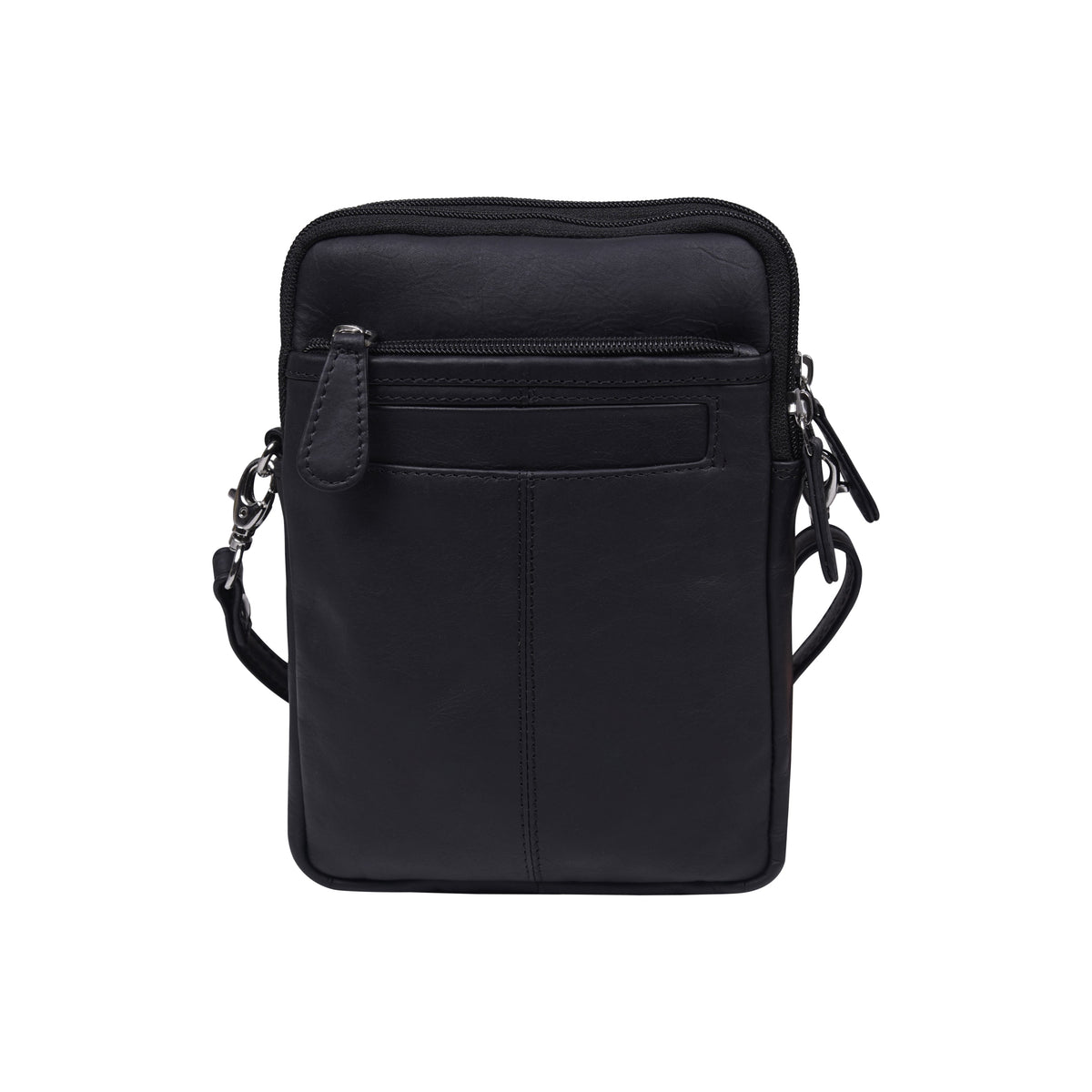 Back of Cenzoni black leather crossbody phone bag with rear zip pocket and silver clip hardware