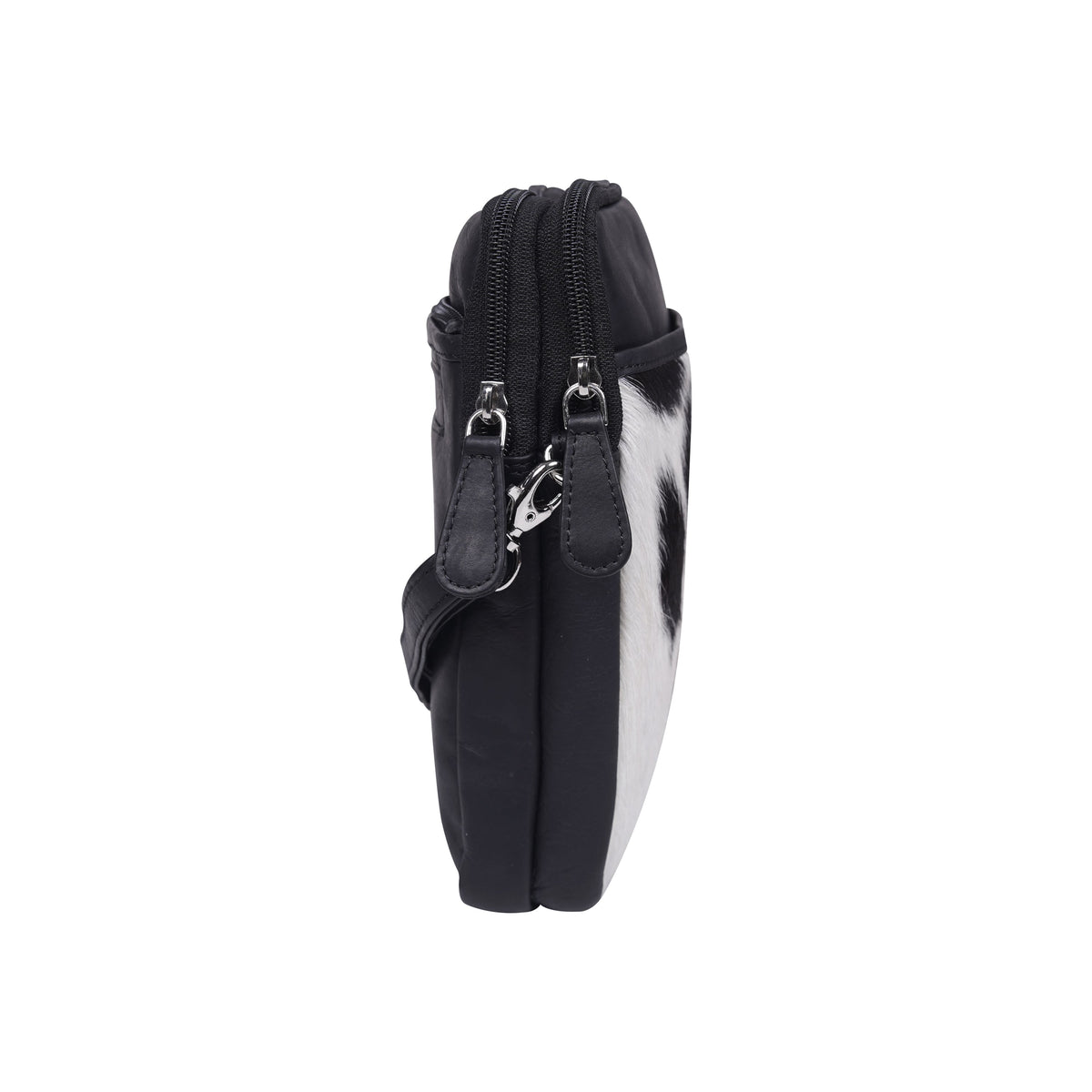 Side view of Cenzoni cowhide crossbody phone bag showing two zip compartments and leather zip pullers