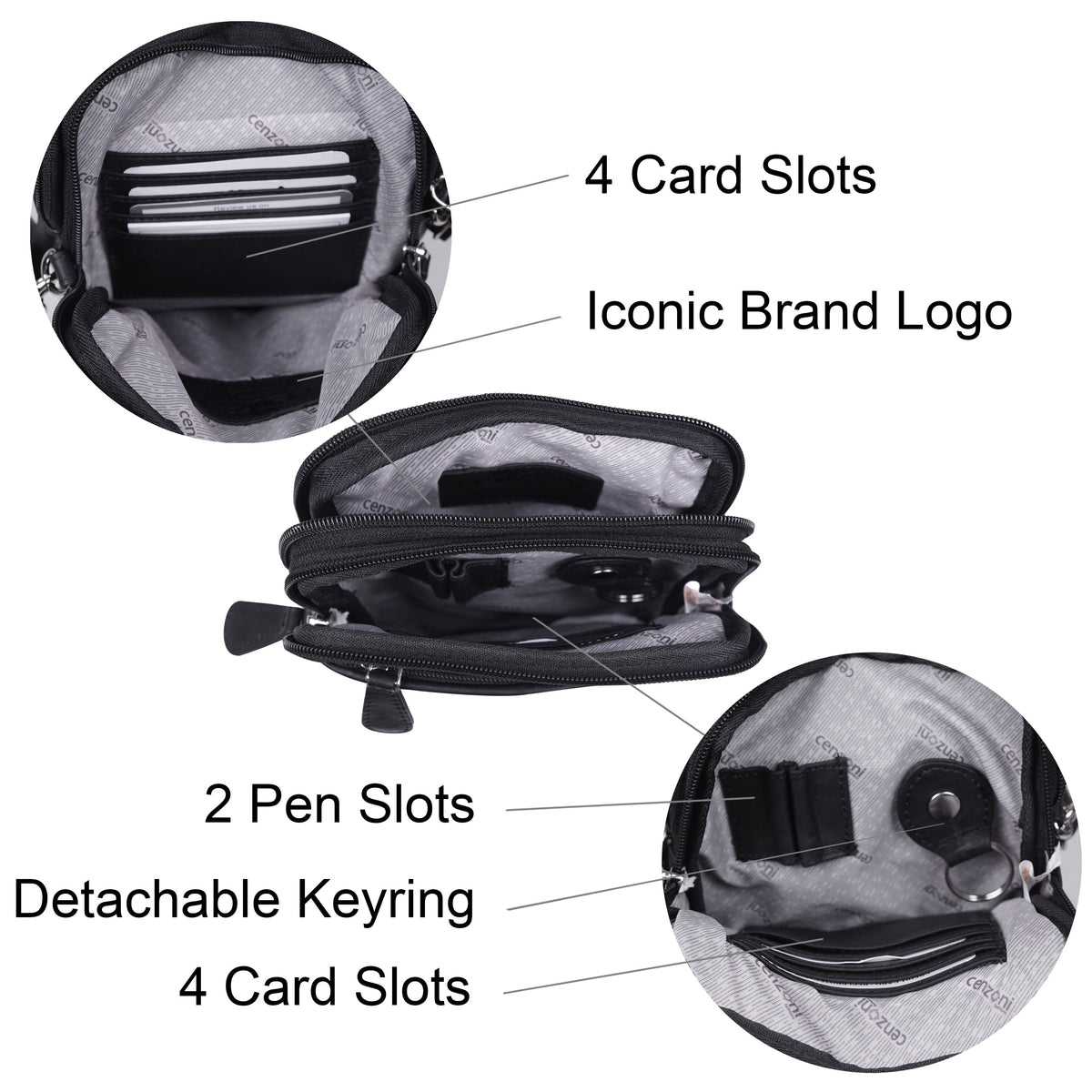 Inside Cenzoni crossbody phone bag showing 8 card slots, 2 pen slots, detachable keyring and branded lining