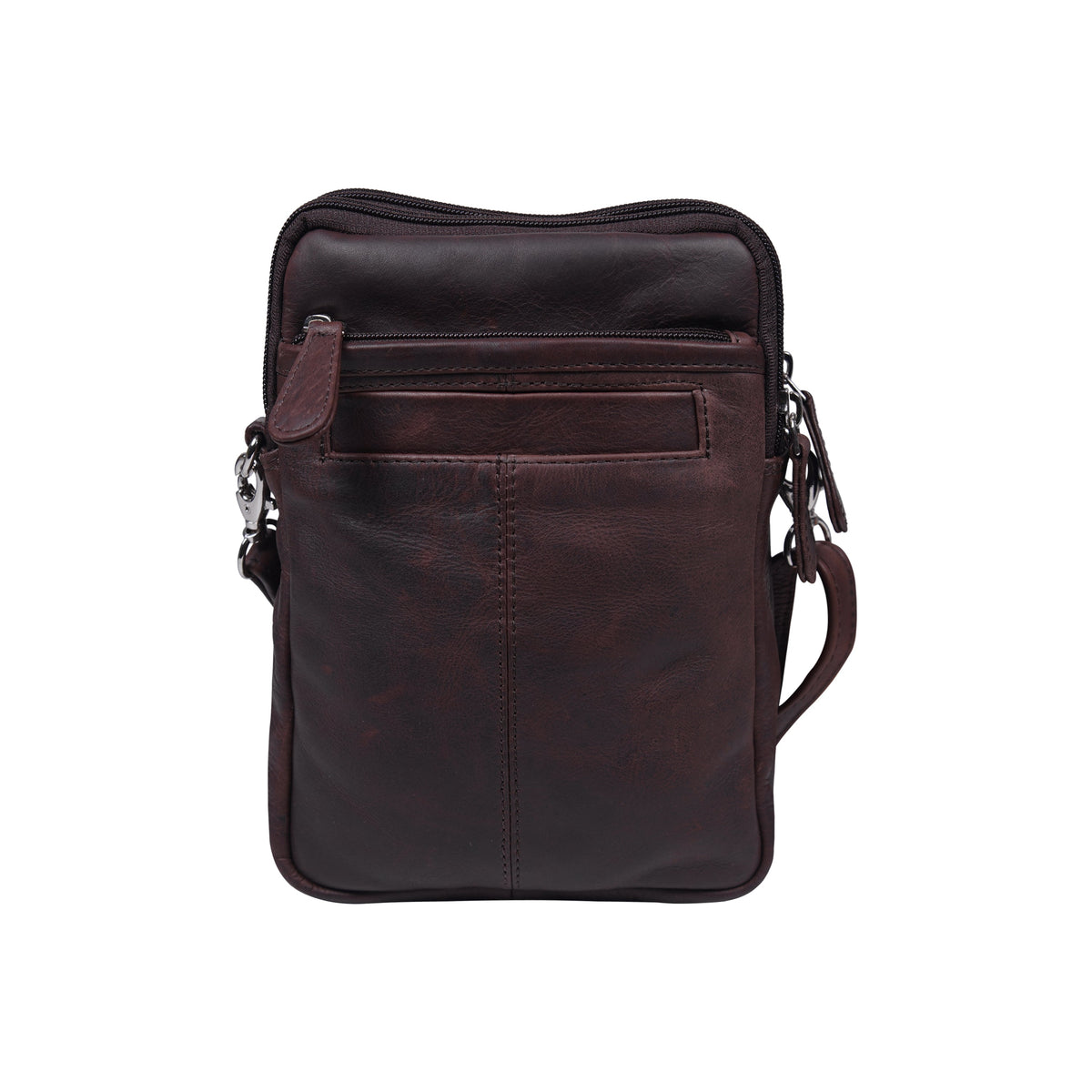 Back of Cenzoni brown leather crossbody phone bag with rear zip pocket and silver clip hardware