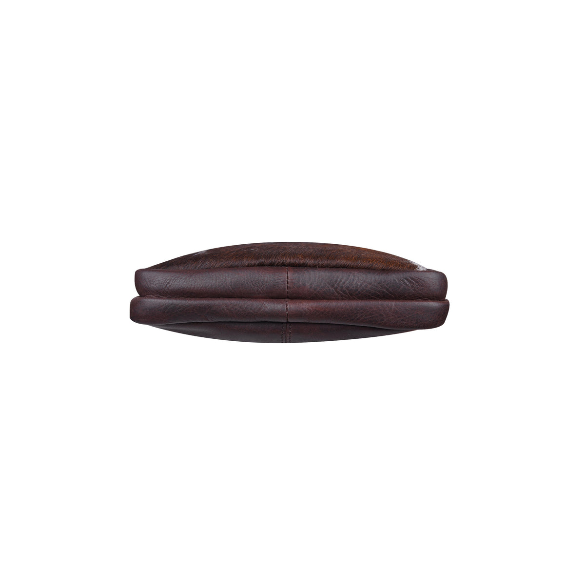 Base of Cenzoni brown leather crossbody bag with hair-on cowhide panel and slim 3 cm profile