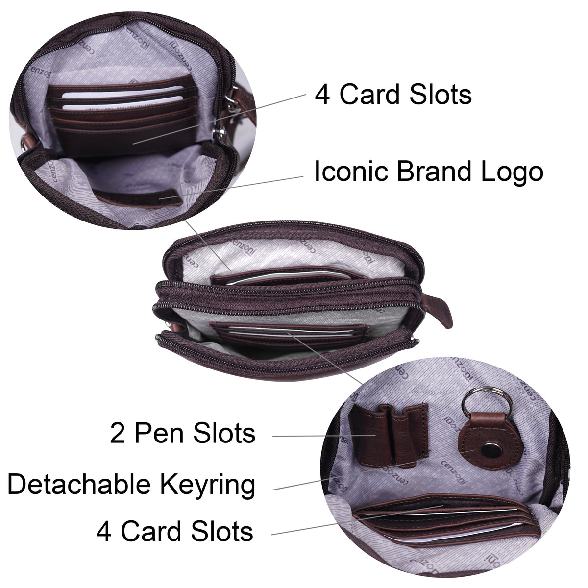Inside Cenzoni crossbody phone bag showing 8 card slots, 2 pen slots, detachable keyring and branded lining
