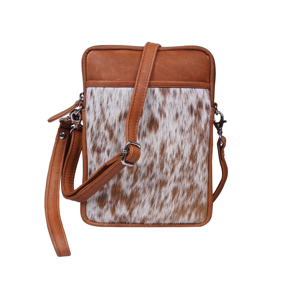 Cenzoni tan leather crossbody phone bag with speckled hair-on cowhide front panel and adjustable strap