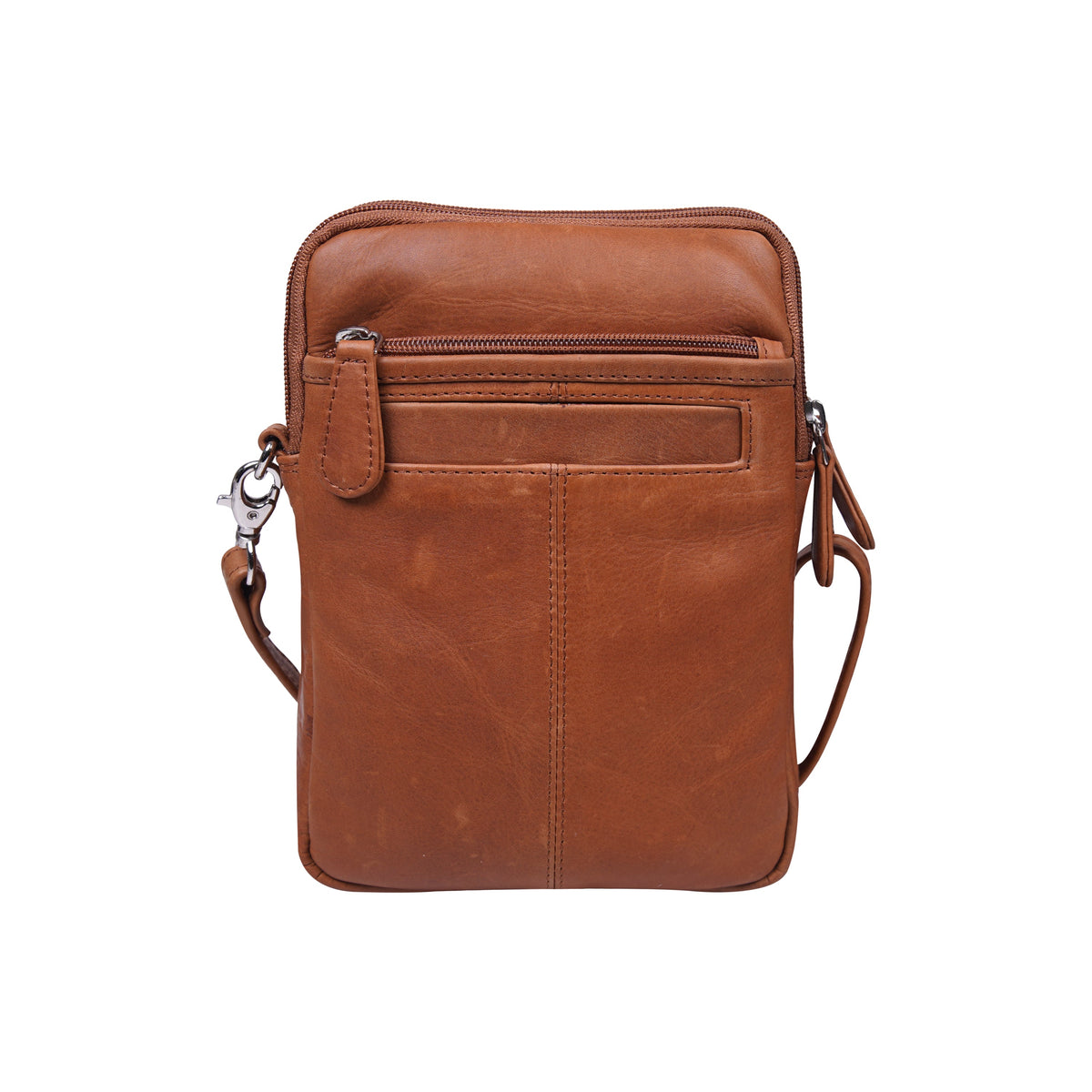 Back of Cenzoni tan leather crossbody phone bag with rear zip pocket and silver clip hardware