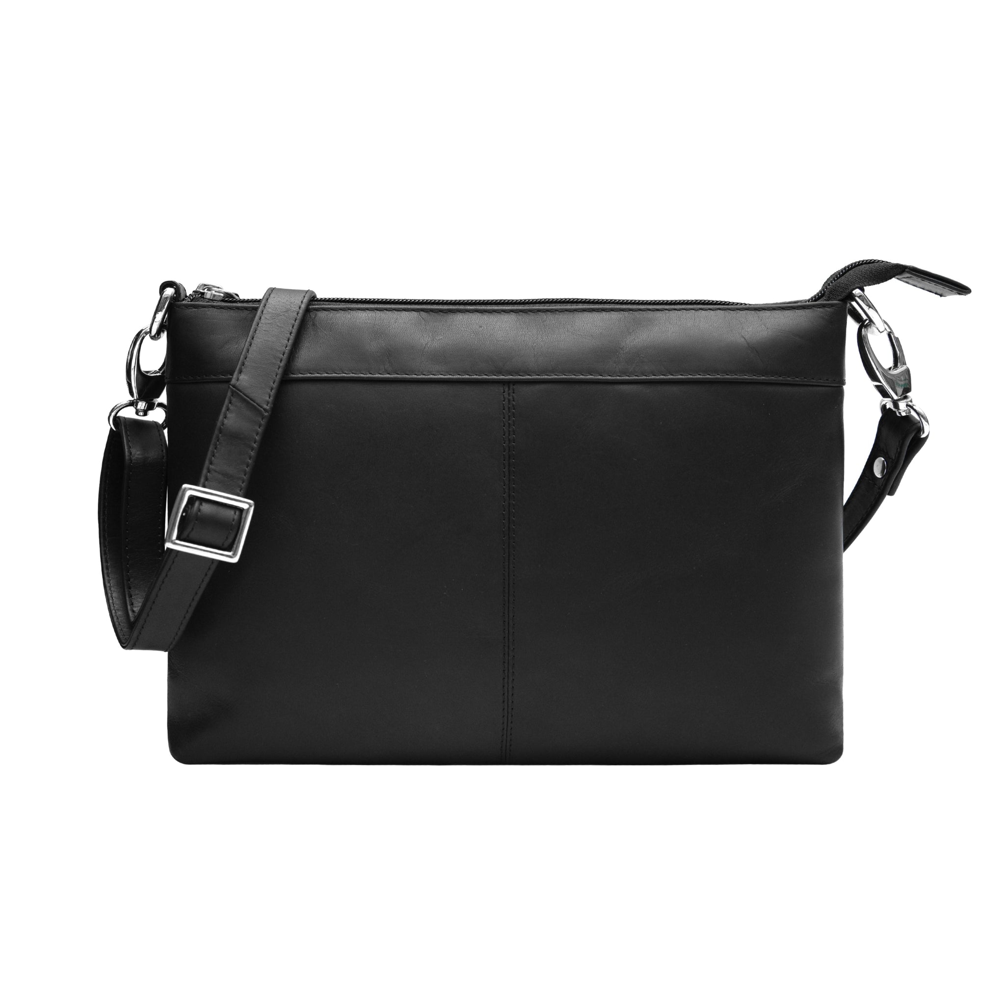 A medium-sized black leather crossbody bag with an adjustable strap, zip-top closure, and multiple interior compartments.
