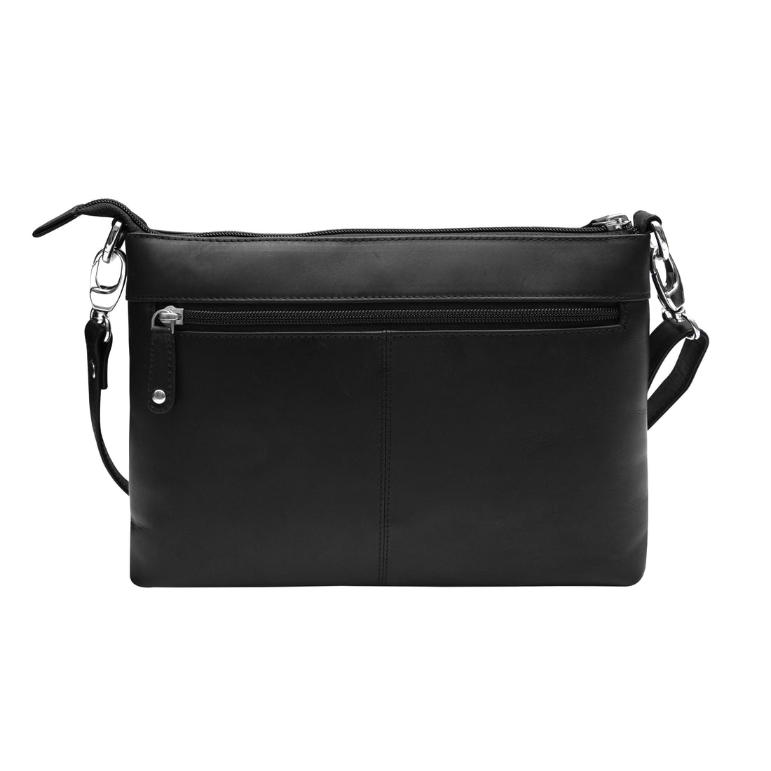 A medium-sized black leather crossbody bag with an adjustable strap, zip-top closure, and multiple interior compartments.