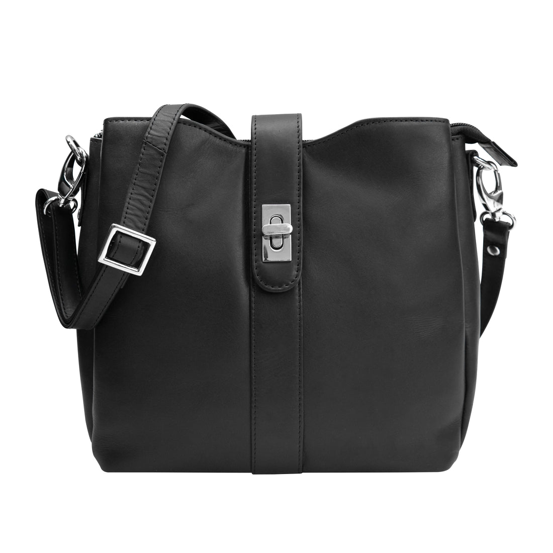 Cenzoni Black leather crossbody handbag with silver hardware, adjustable strap, and front flap lock